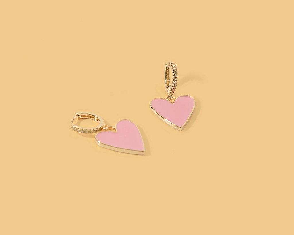 Jane Huggie Earrings | Pink Enamel Heart Charms