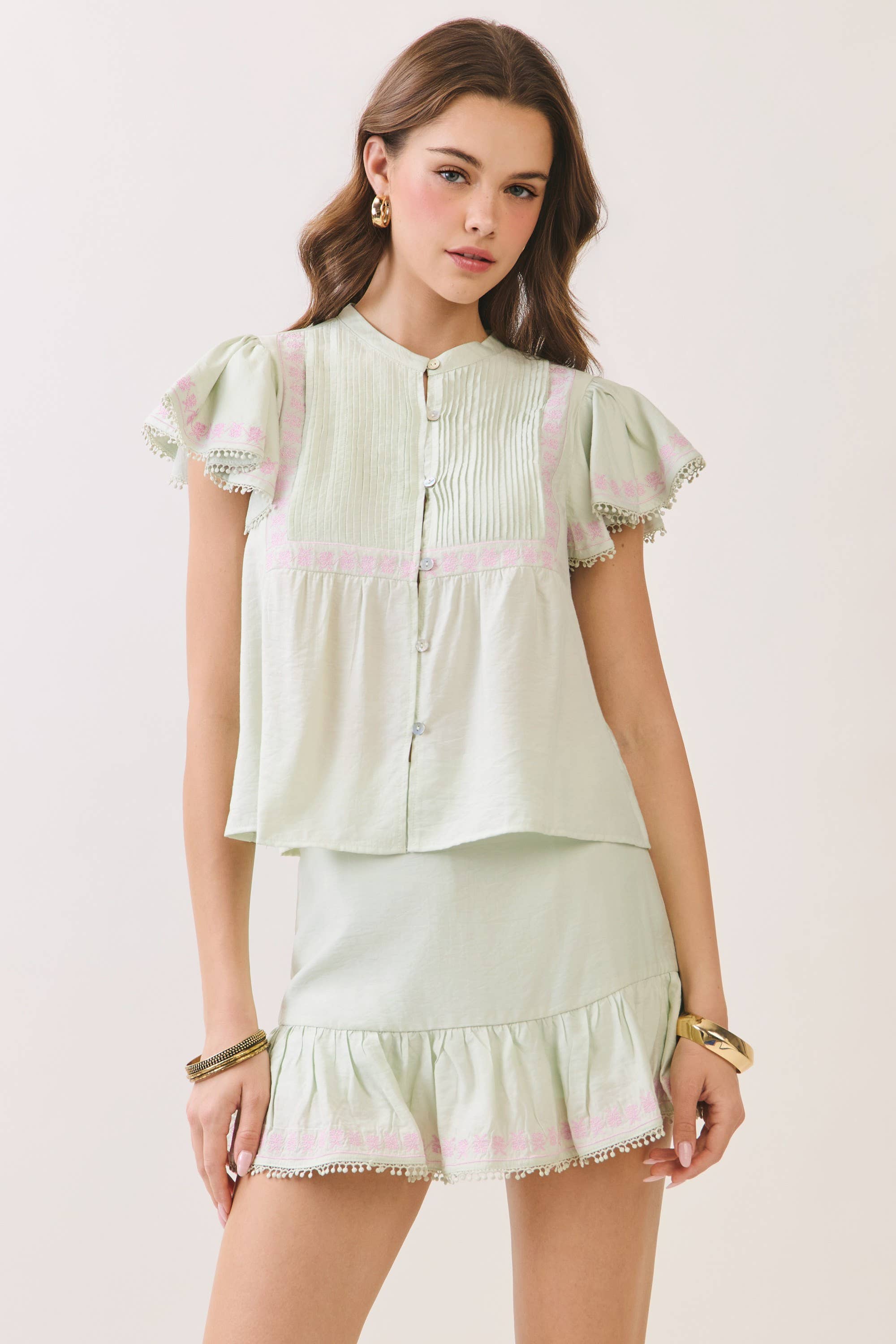 Embroidered Ruffle Trim Detail Button Down Top