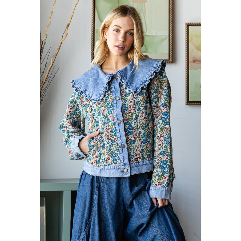 Vintage Jacquard Ruffle collar Denim Jacket