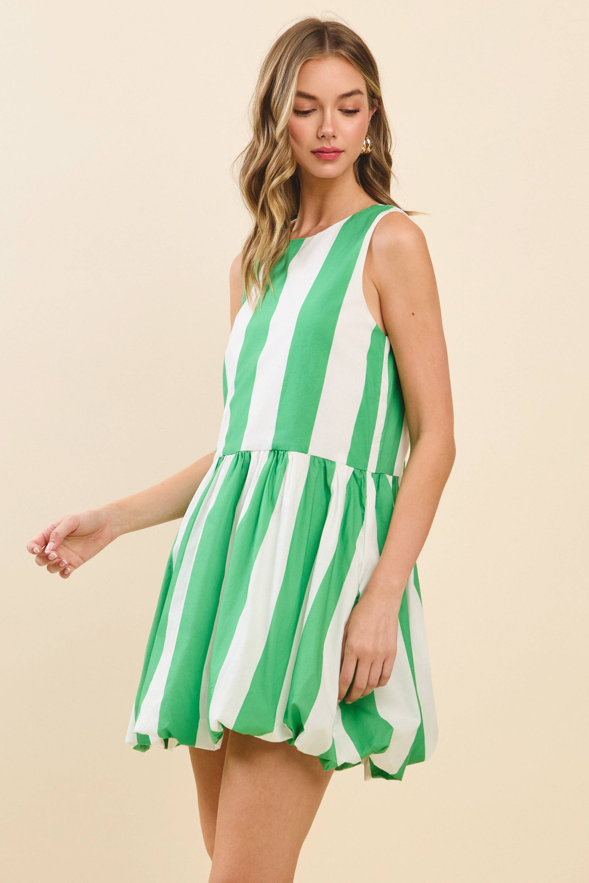 Bold Green Vertical Stripes Gathered Drop Waist Dress