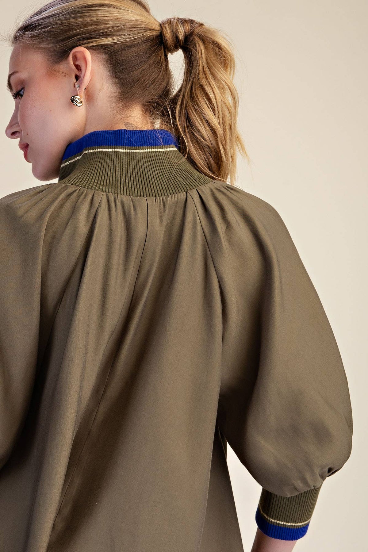 Navy Mock Neck Band Puff Sleeve Blouse