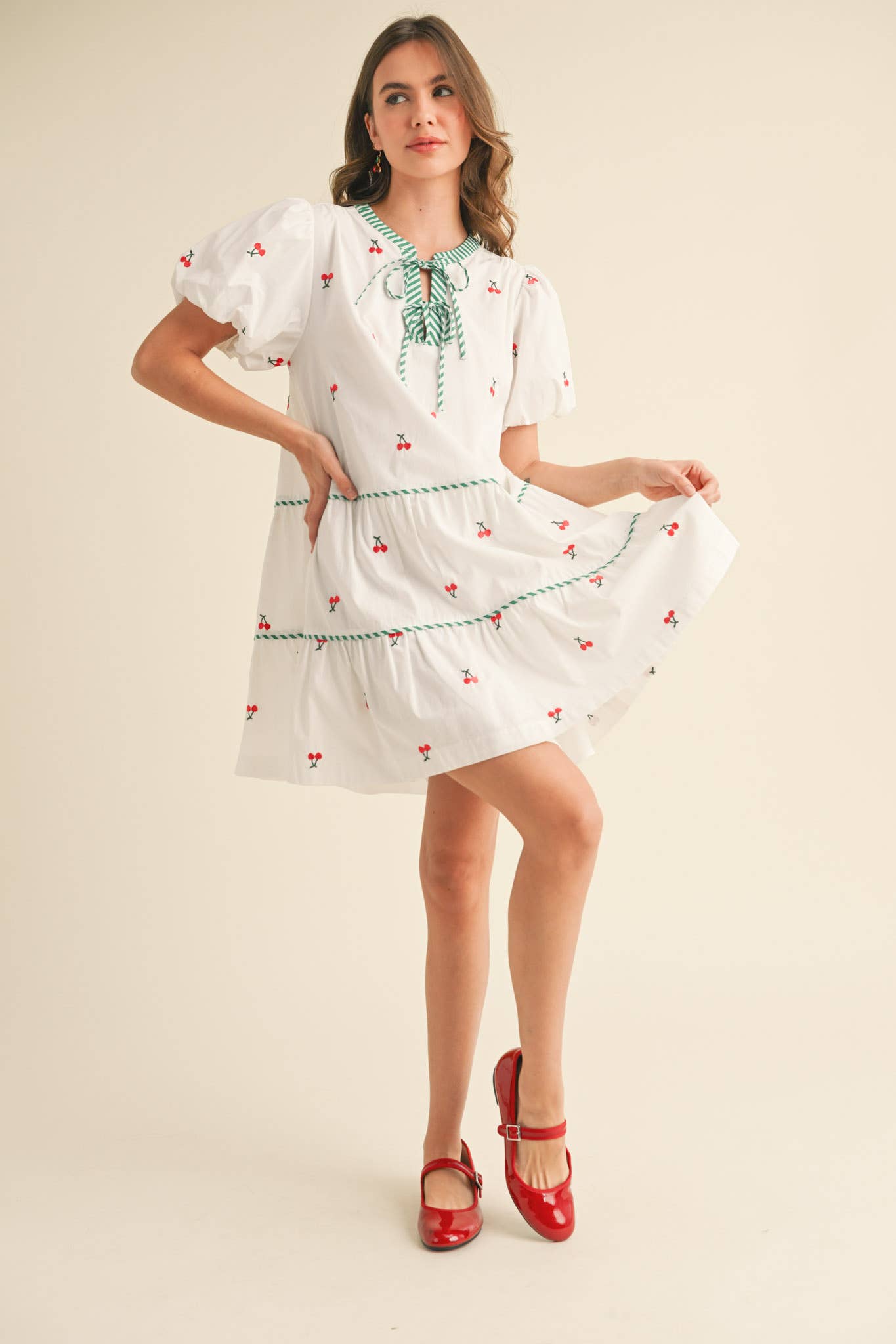 CHERRY EMBROIDERY PUFF SLEEVE MINI DRESS