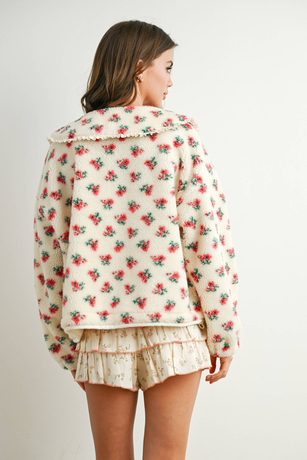 Floral Puffy Tie-Front Sherpa Jacket