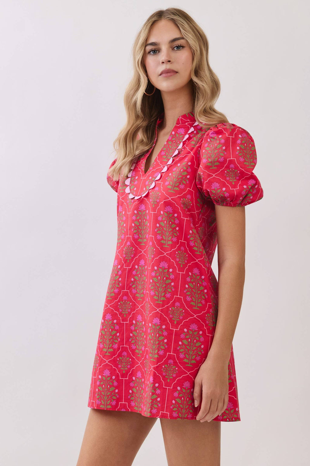 Scallop Trim Detail Berry Floral Mini Dress