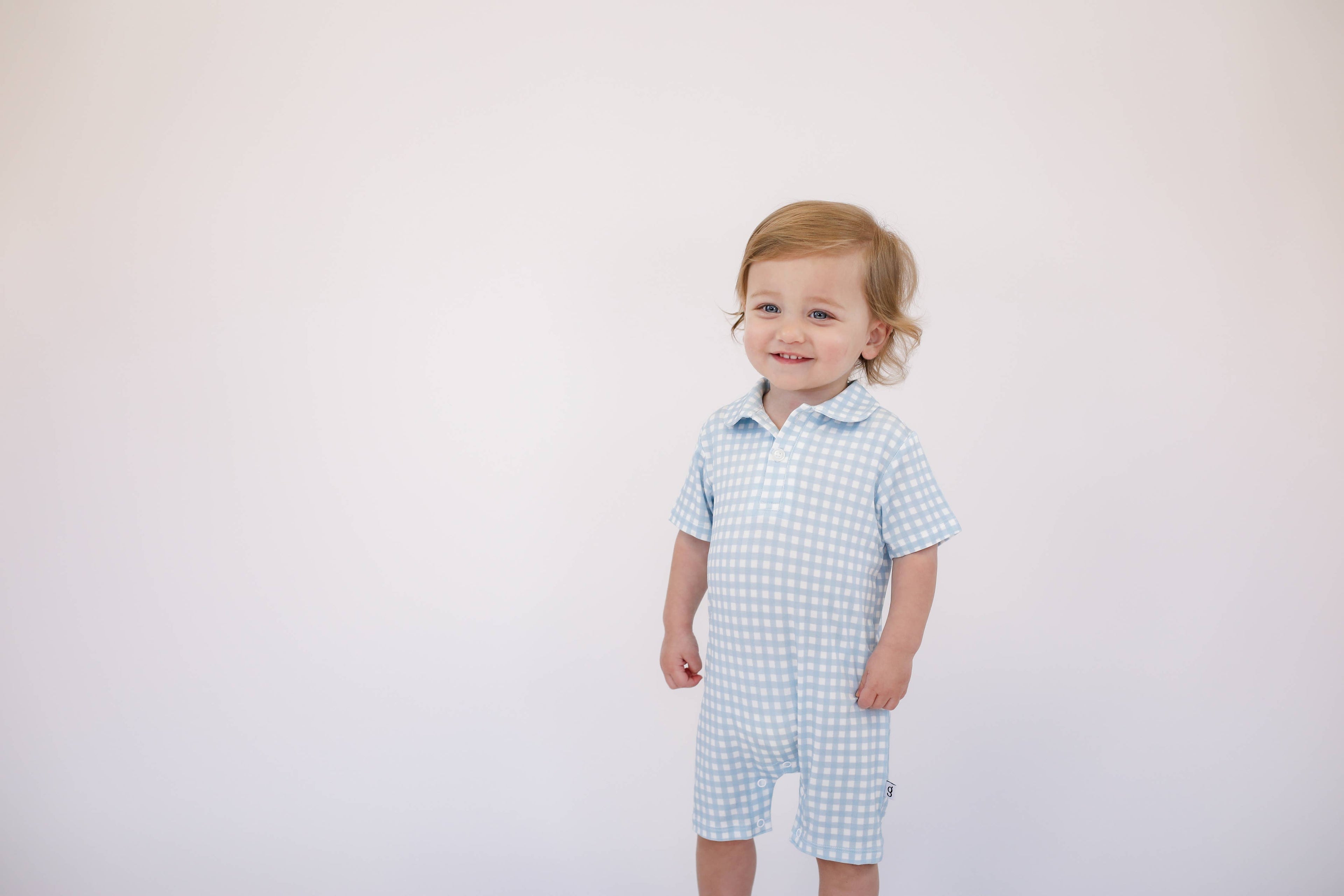 Short Sleeve Polo Romper | Blue Gingham
