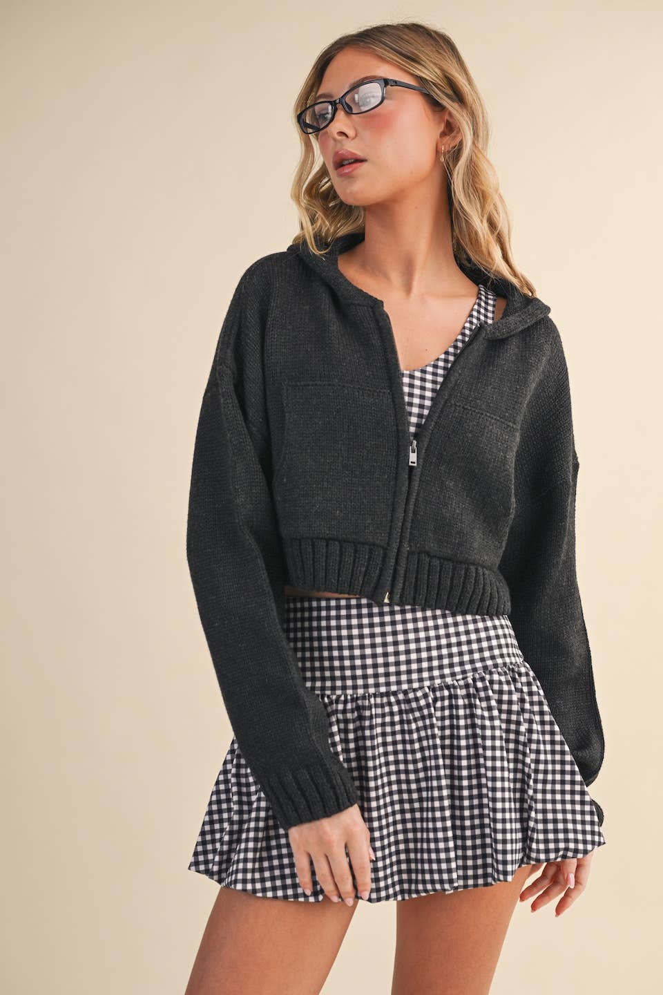 Knit Zip Up Hoodie Sweater: Black