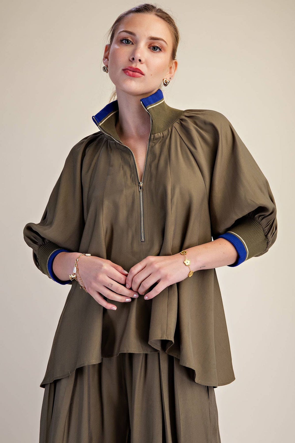 Navy Mock Neck Band Puff Sleeve Blouse
