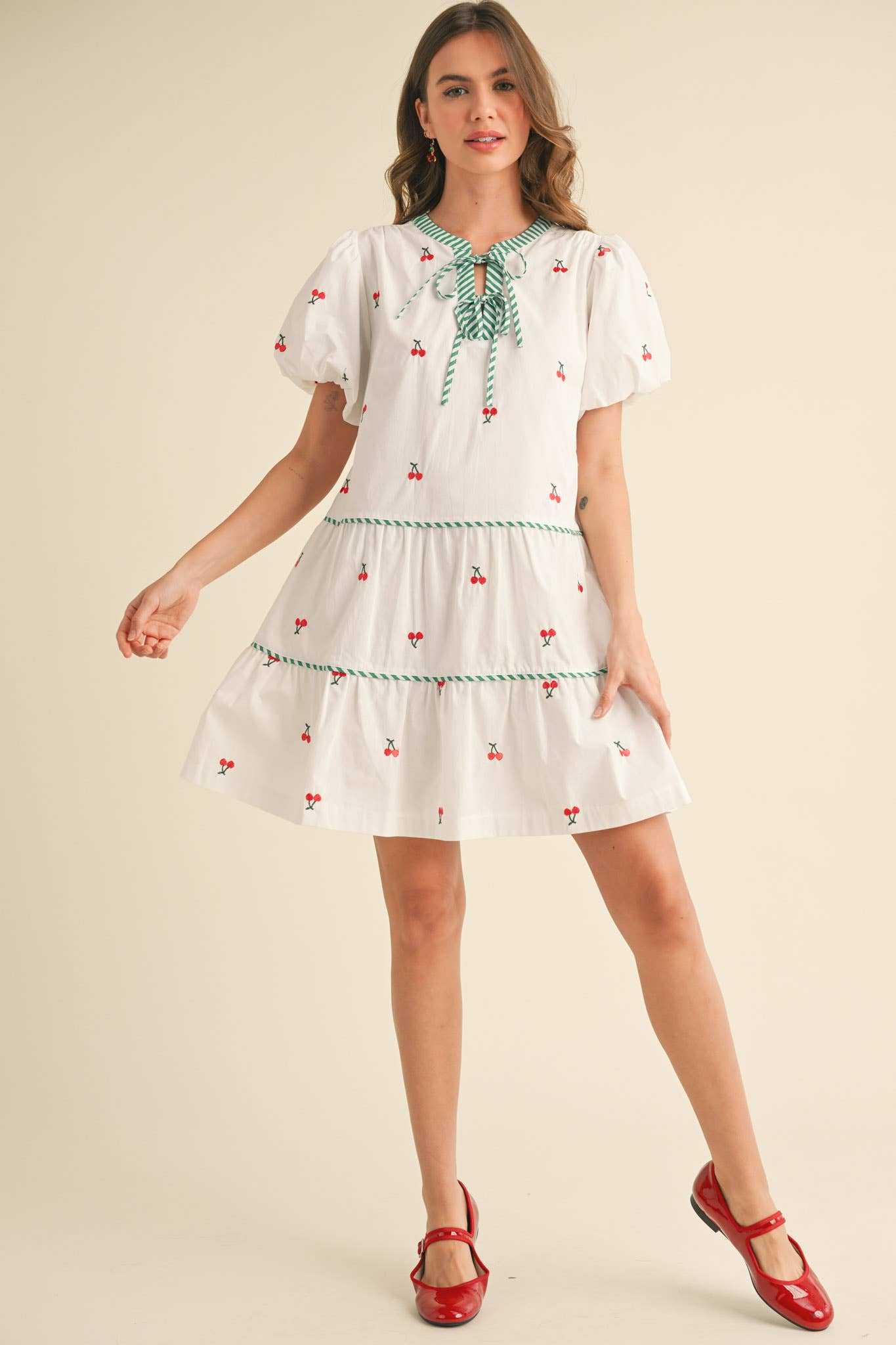 CHERRY EMBROIDERY PUFF SLEEVE MINI DRESS