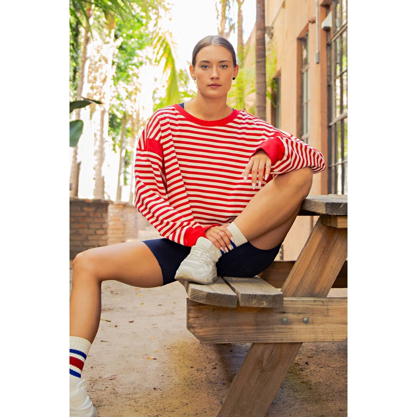 STRIPED OPEN BACK LONG SLEEVE TOP: Red/Ivory