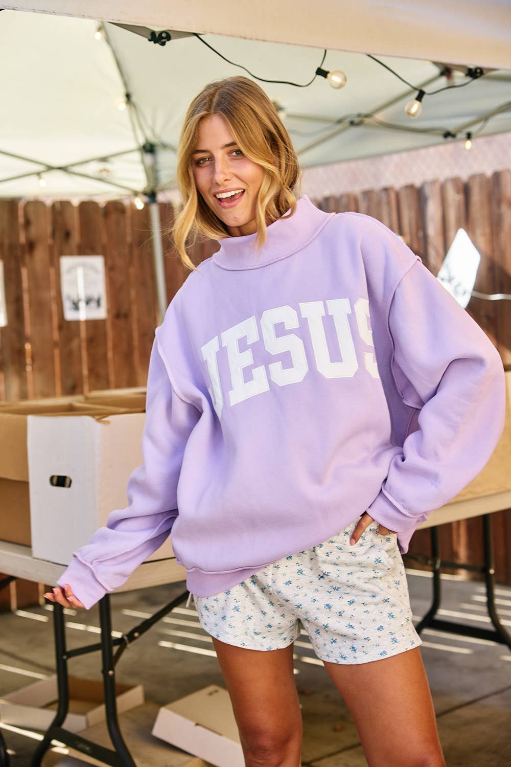 JESUS Embroidered Mock Neck Sweatshirt | LAVENDER