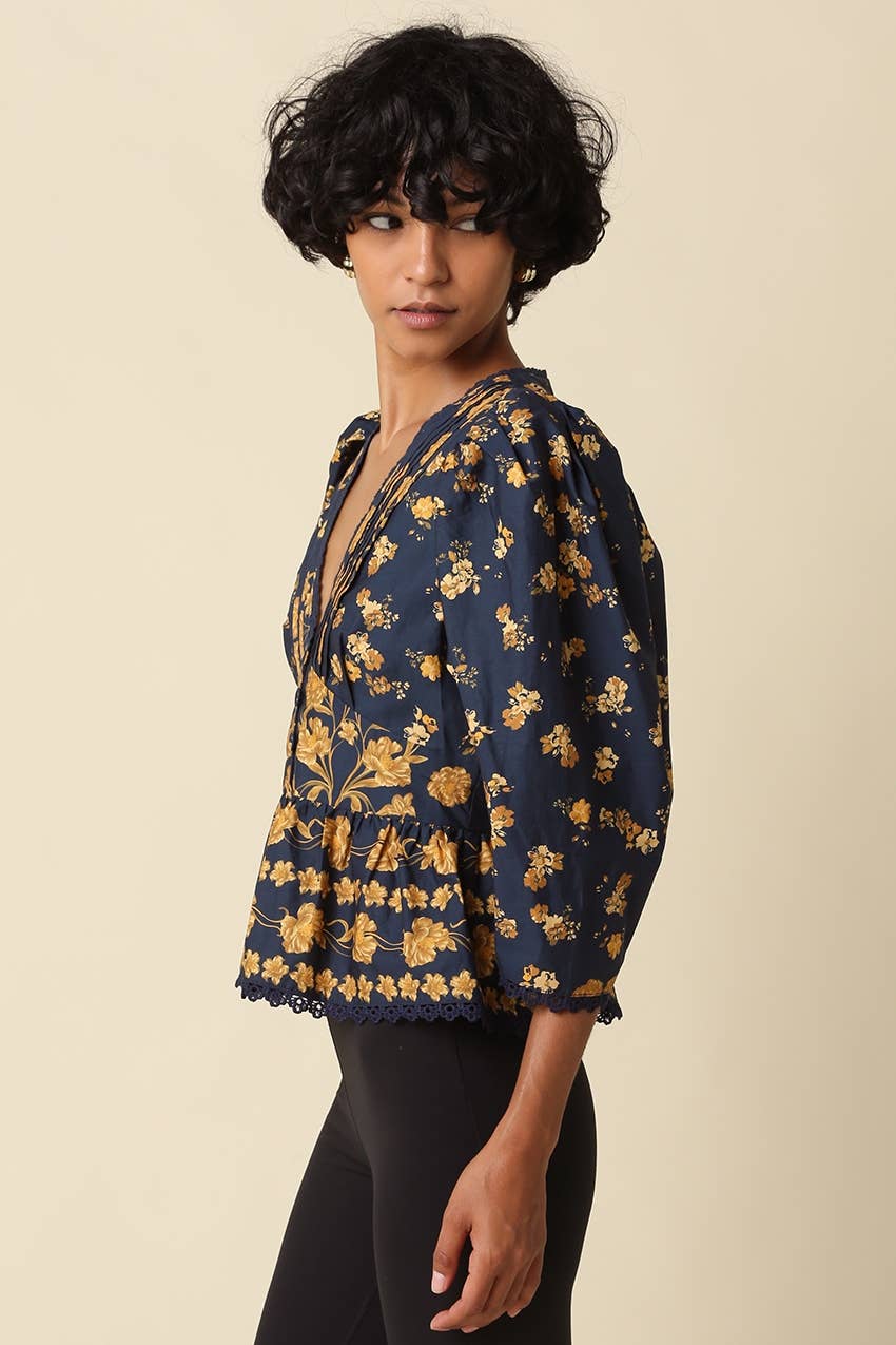 Arya Floral Navy Puff Sleeve Blouse