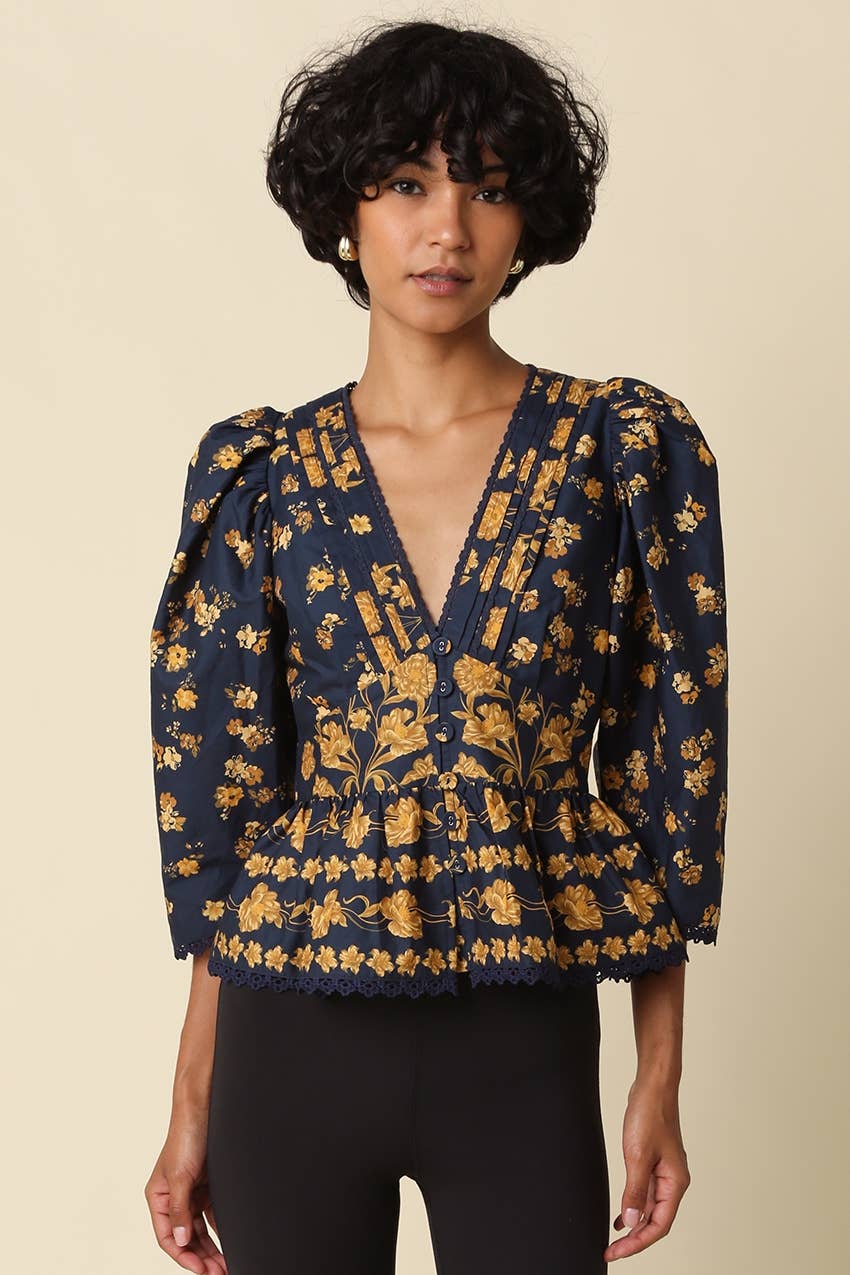 Arya Floral Navy Puff Sleeve Blouse