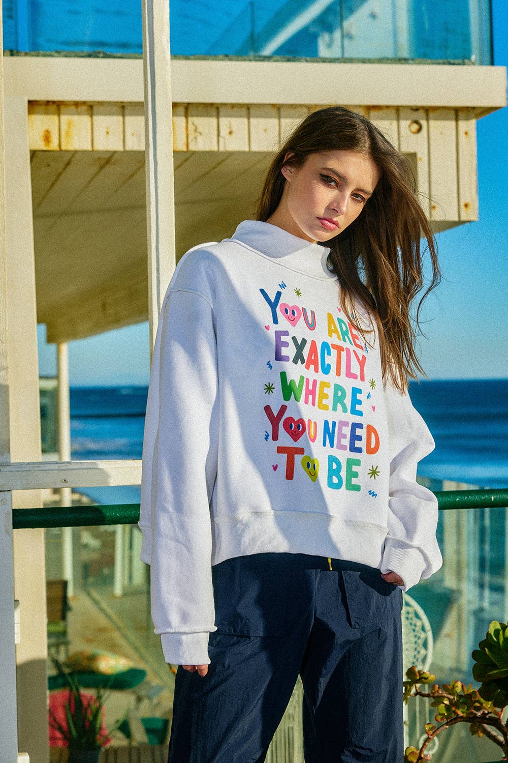Reversible Graphic Mock-Neck Crop Sweatshirt | White