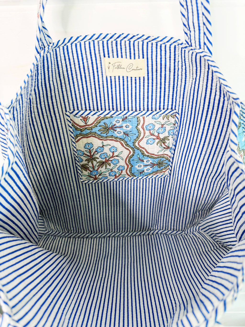 Tote Bags Quilted | Large Travel Tote | Blue Petals Print