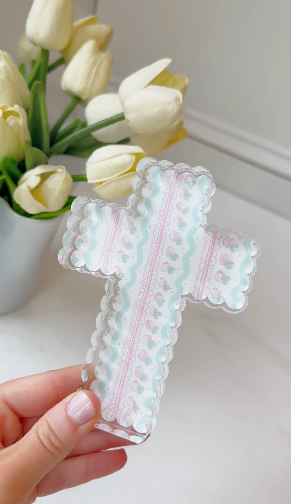 Pink Patterned Scalloped Acrylic Cross Block