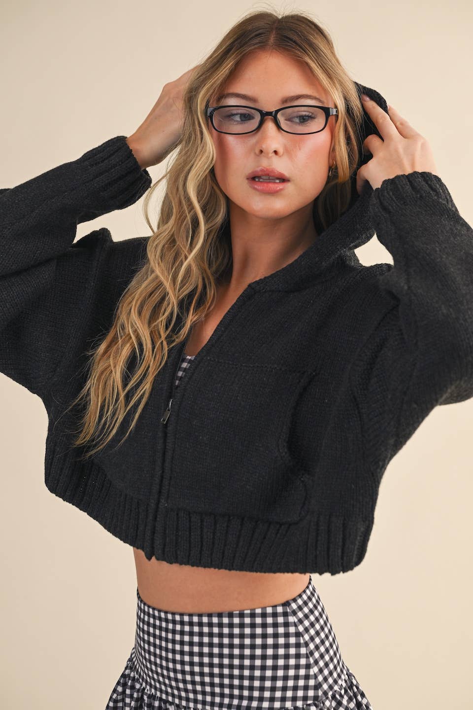Knit Zip Up Hoodie Sweater: Black