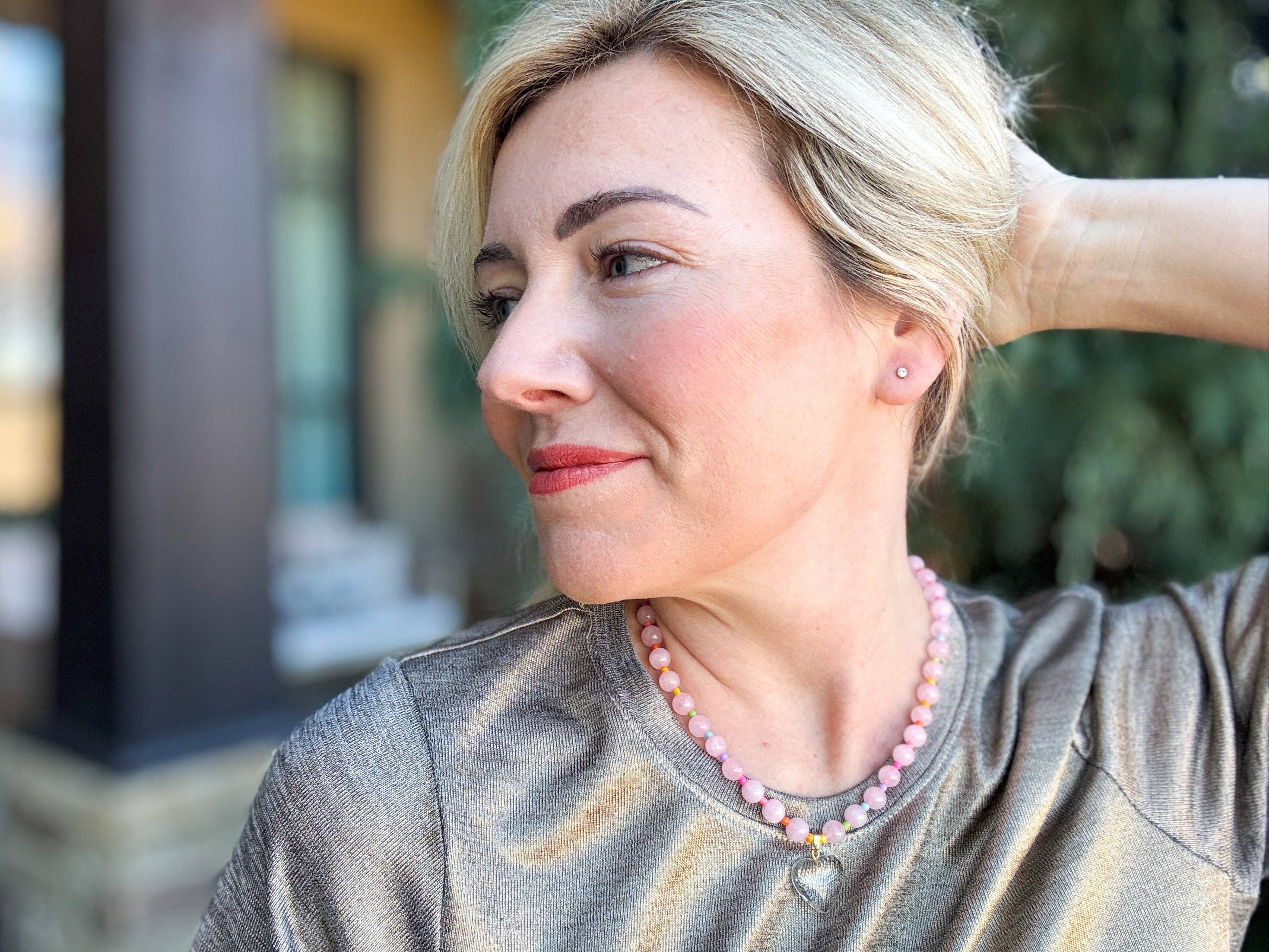 Lottie Beaded Necklace | Pink + Multi-Color w/Dangle Heart