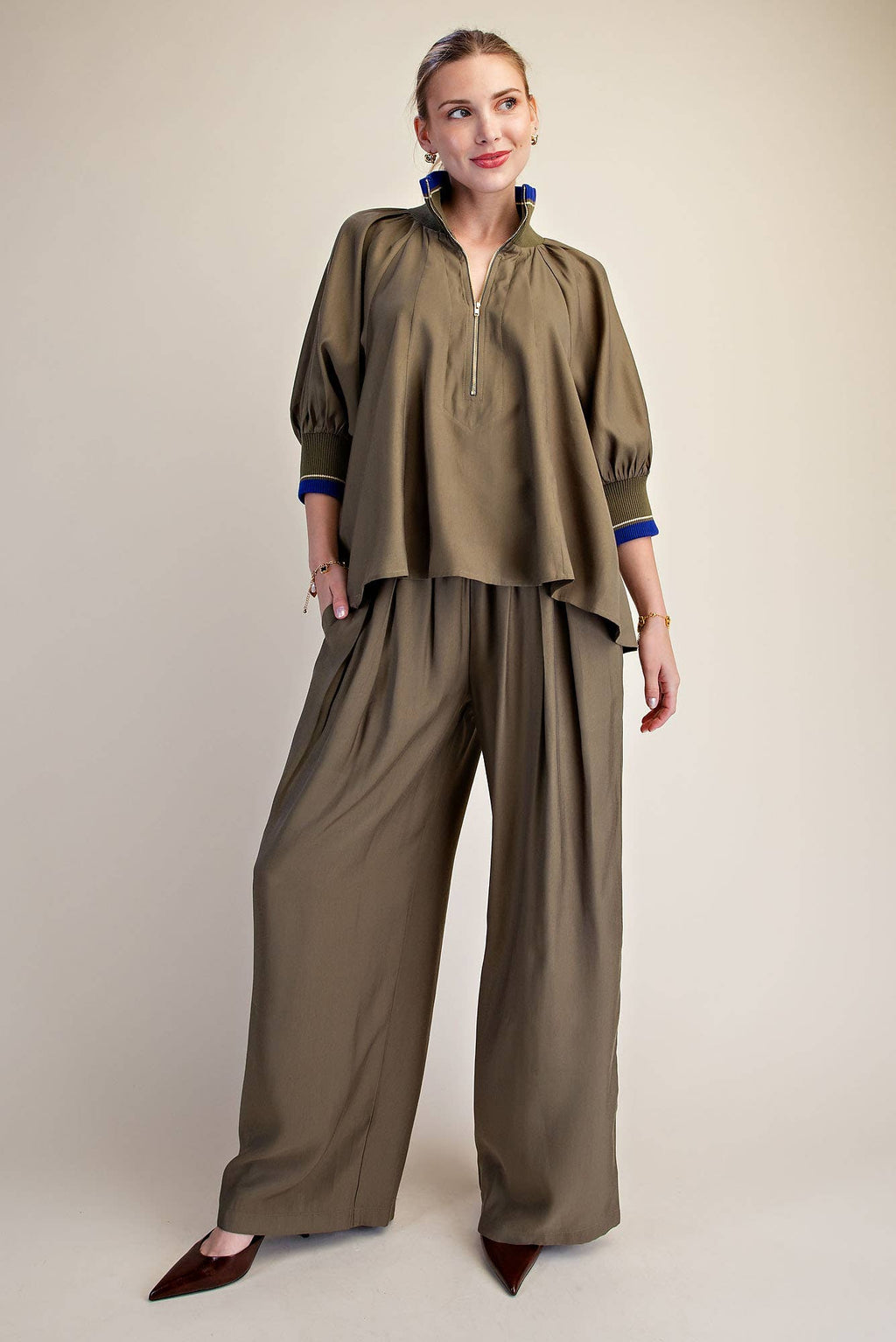 Navy Mock Neck Band Puff Sleeve Blouse