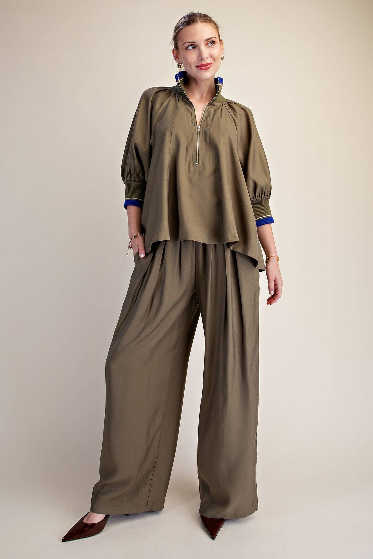 Navy Mock Neck Band Puff Sleeve Blouse