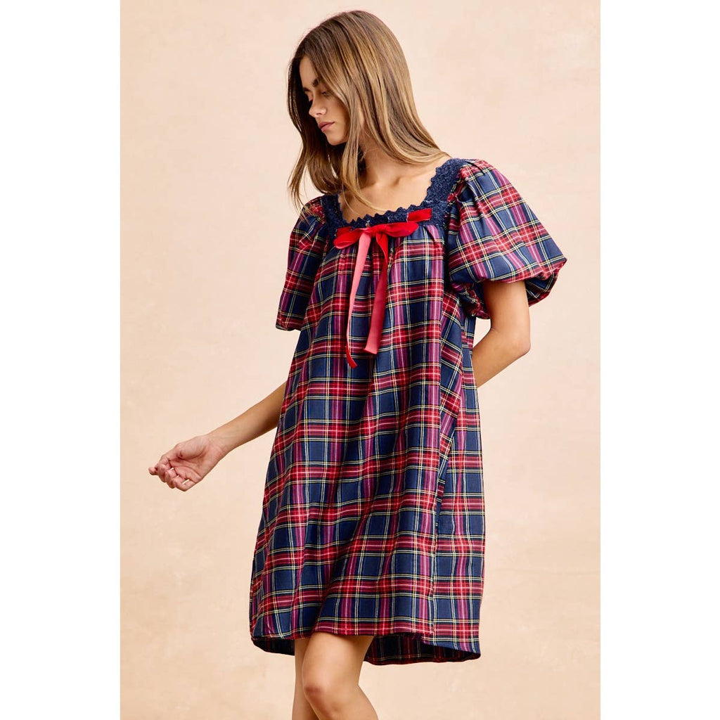 CHRISTMAS PLAID BALLOON SLEEVES SQUARED NECK DRESS