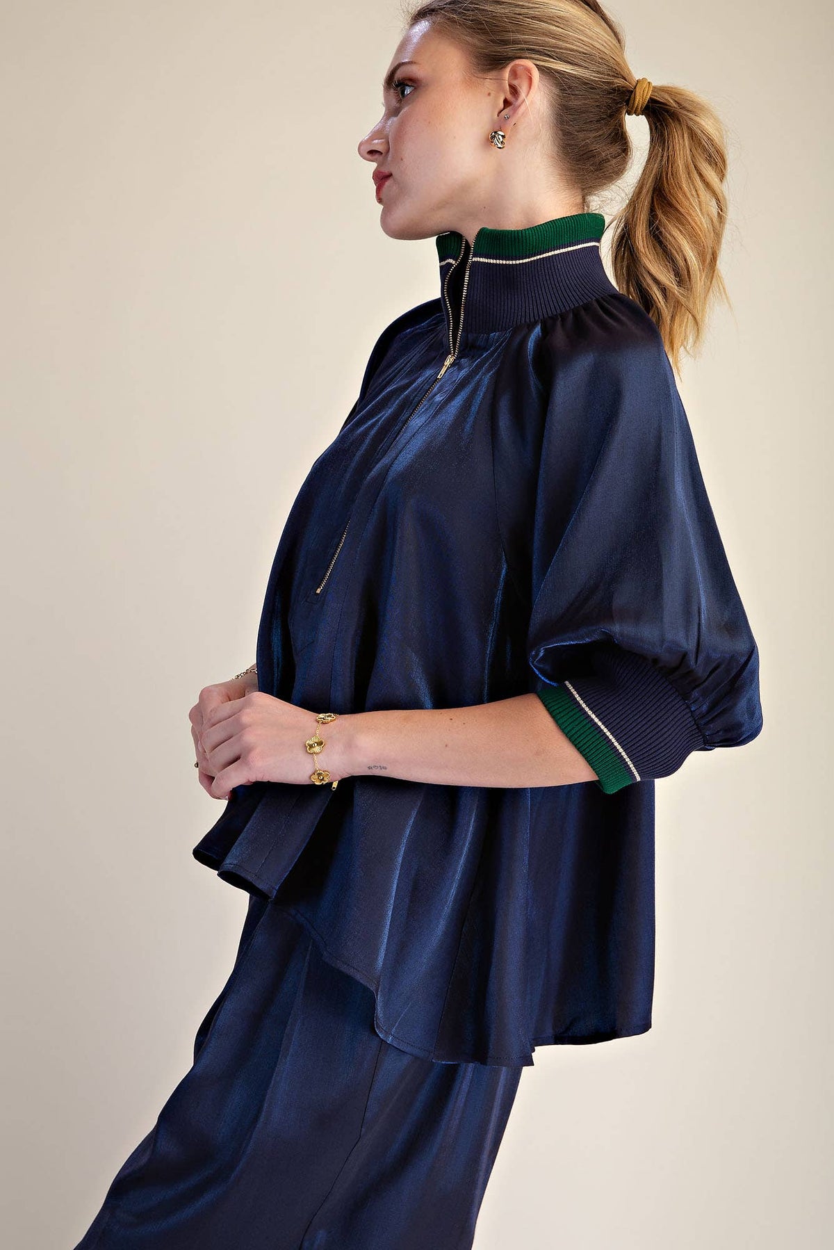 Navy Mock Neck Band Puff Sleeve Blouse