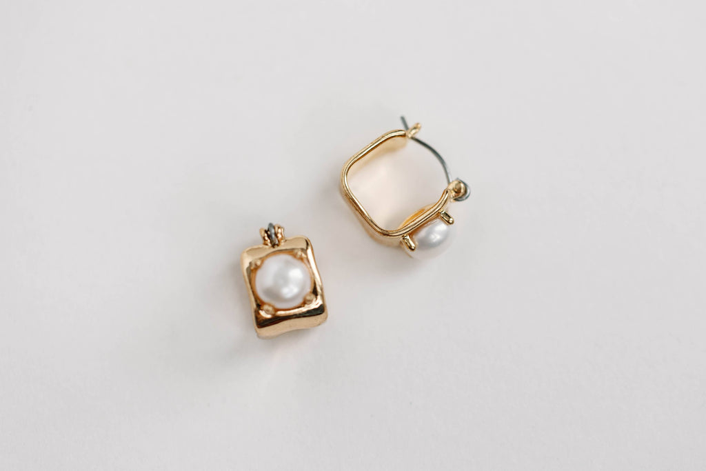 Vintage Mini Square Gold Pearl Huggie Hoop Earrings