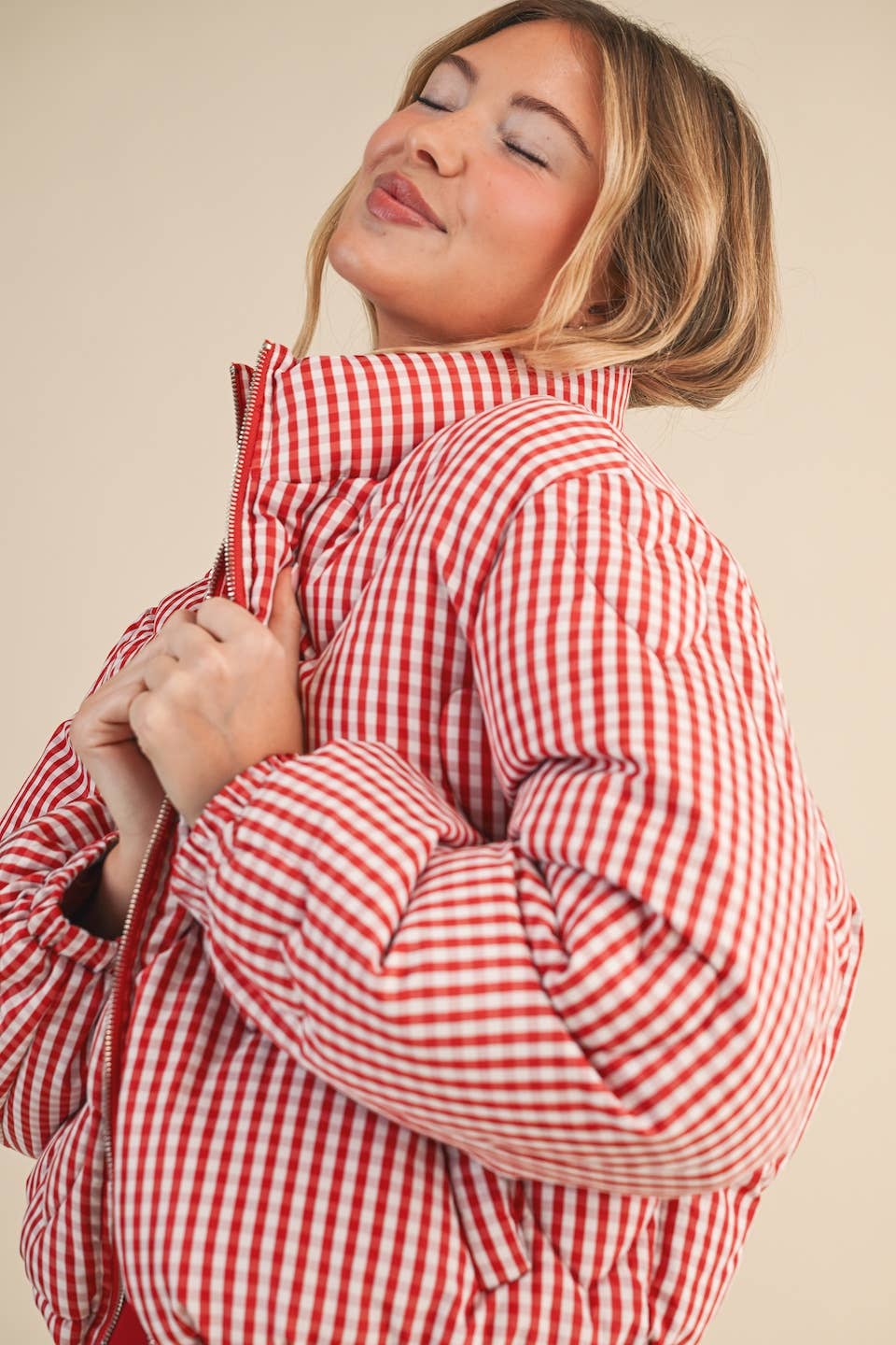 Red Gingham Print Puffer Jacket with Heart Shaped Quilting