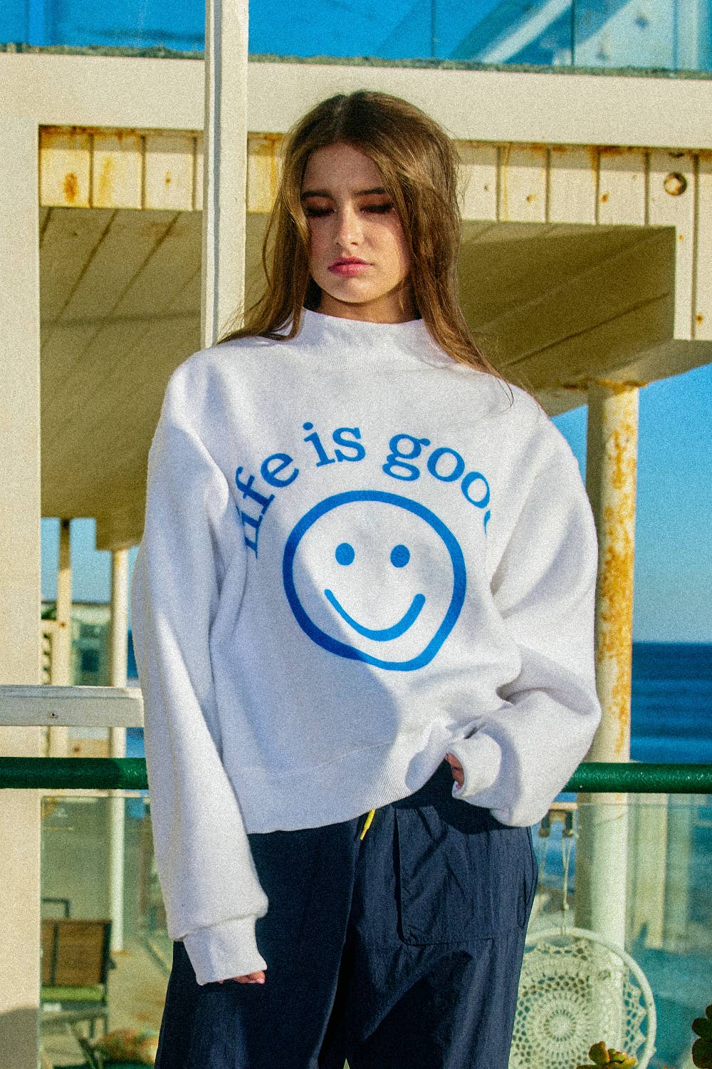 Reversible Graphic Mock-Neck Crop Sweatshirt | White