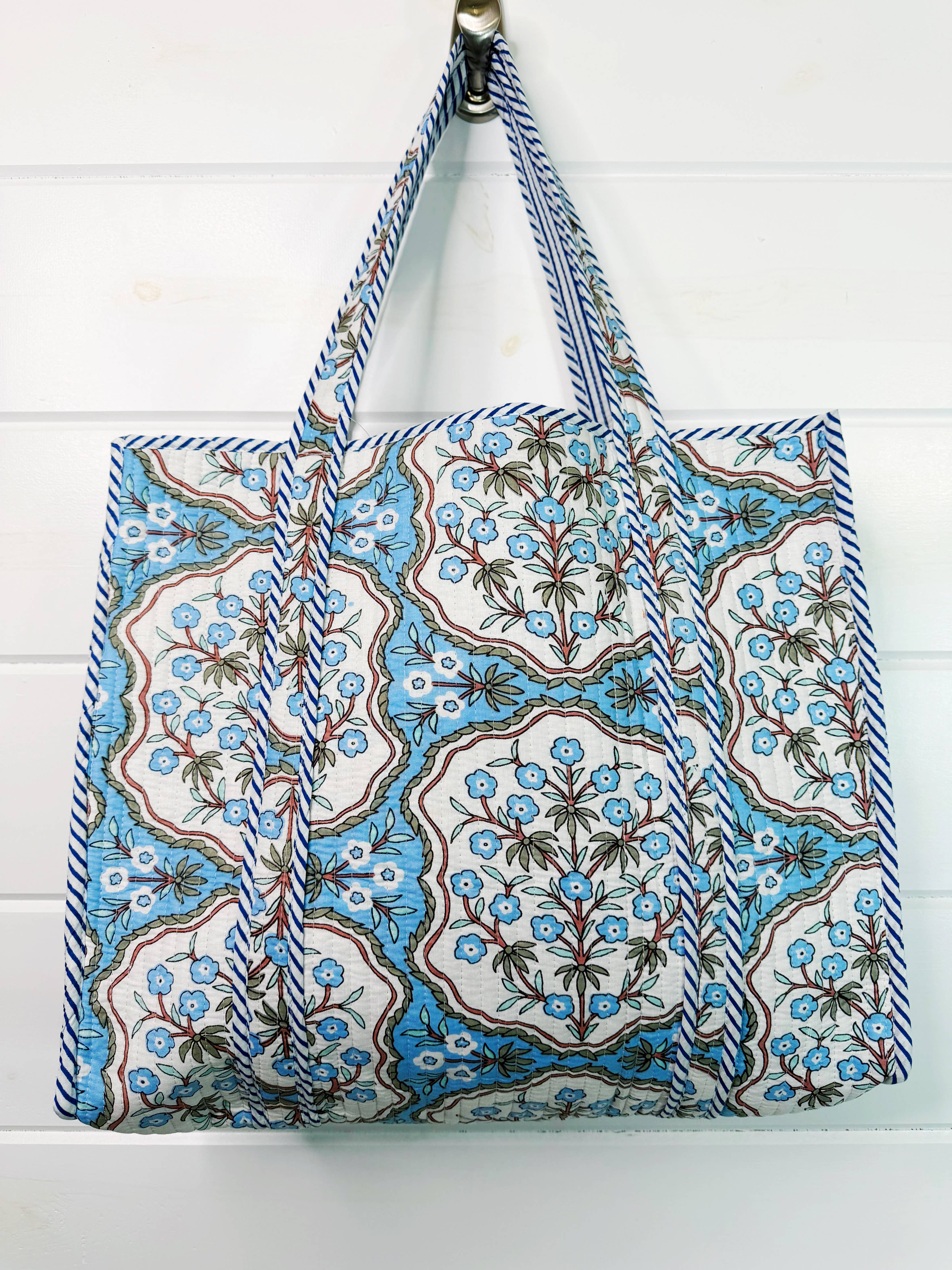 Tote Bags Quilted | Large Travel Tote | Blue Petals Print