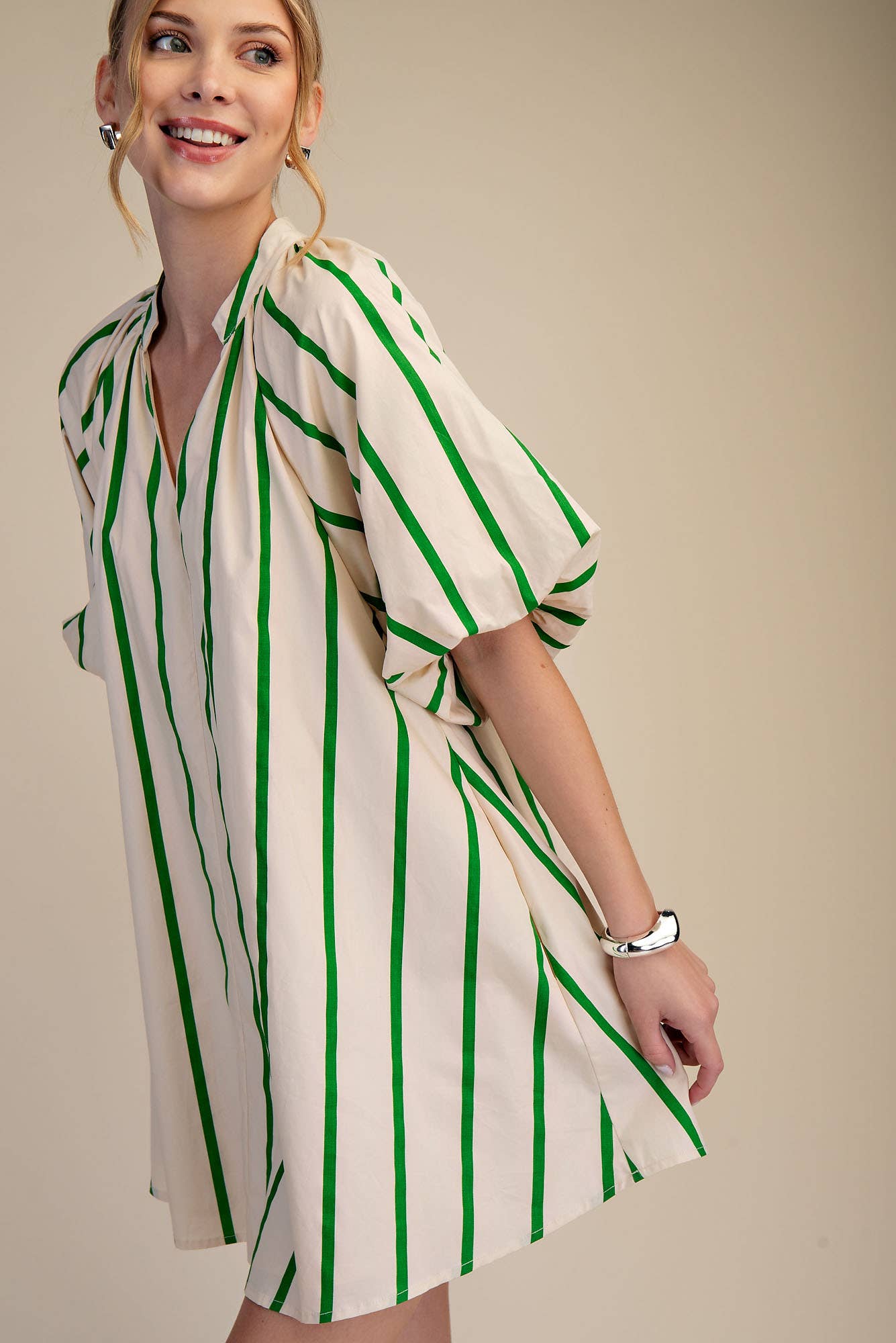 Puff-Sleeve Green Stripe Mini Shift Dress