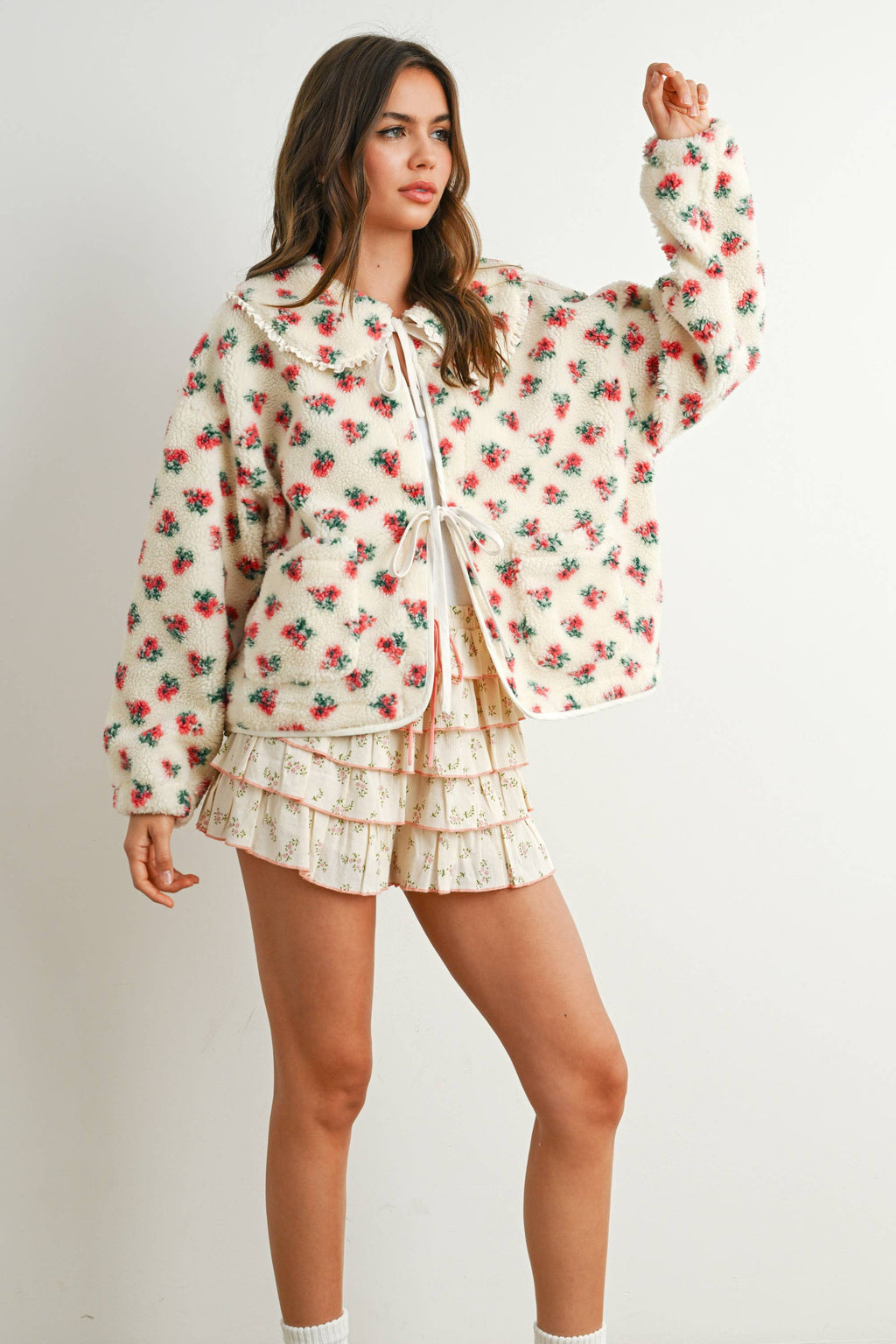 Floral Puffy Tie-Front Sherpa Jacket