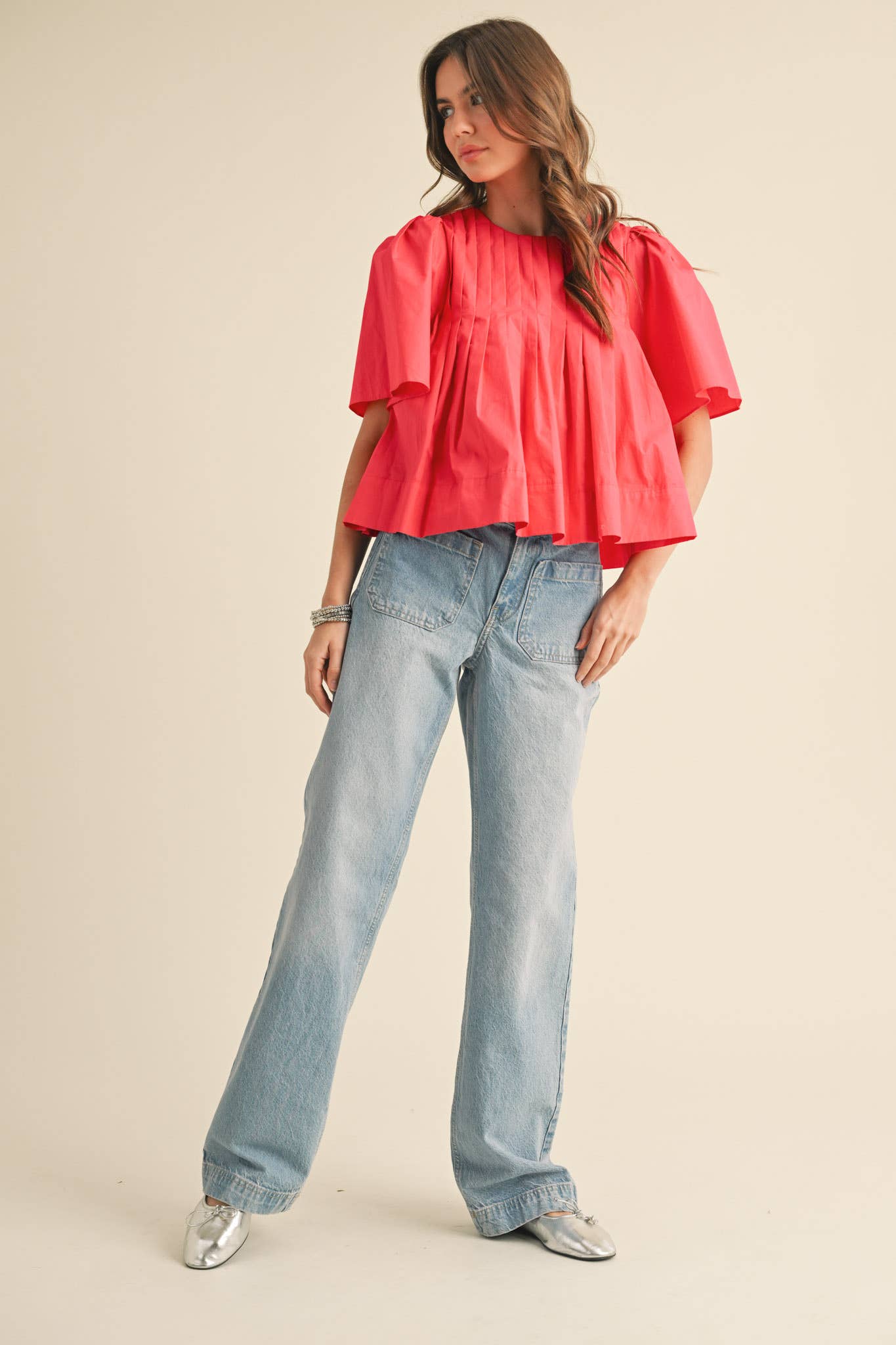 PLEATED SHORT SLEEVE TOP CERISE PINK