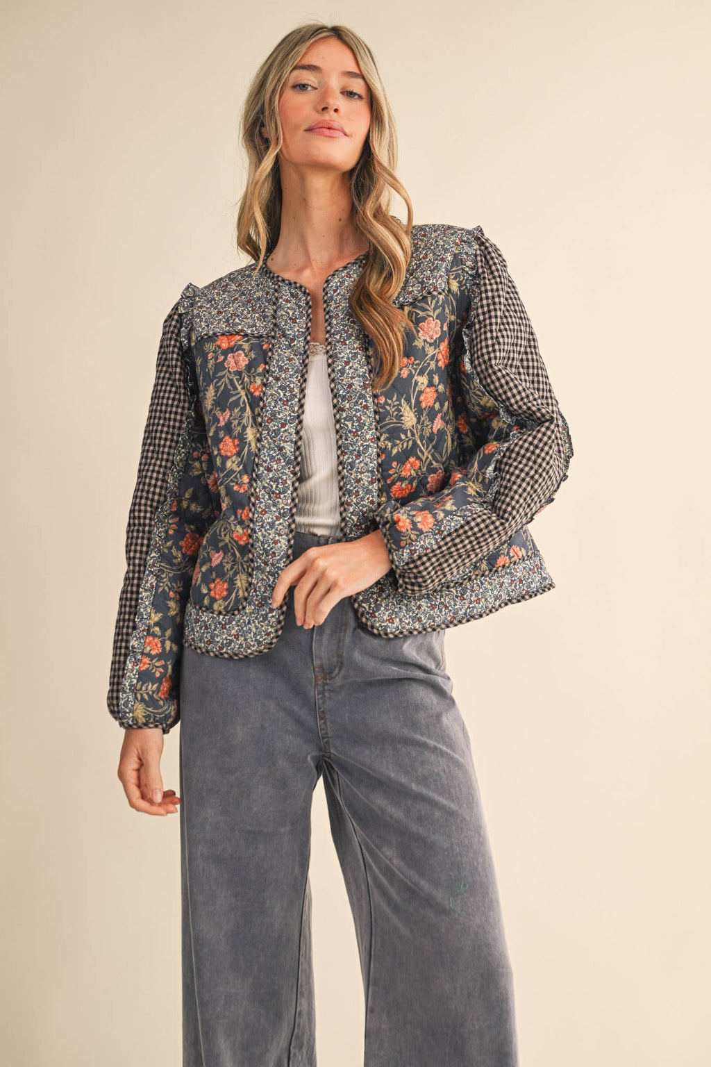 BURGUNDY MIXED PRINT QUILTED JACKET WITH RUFFLE TRIM