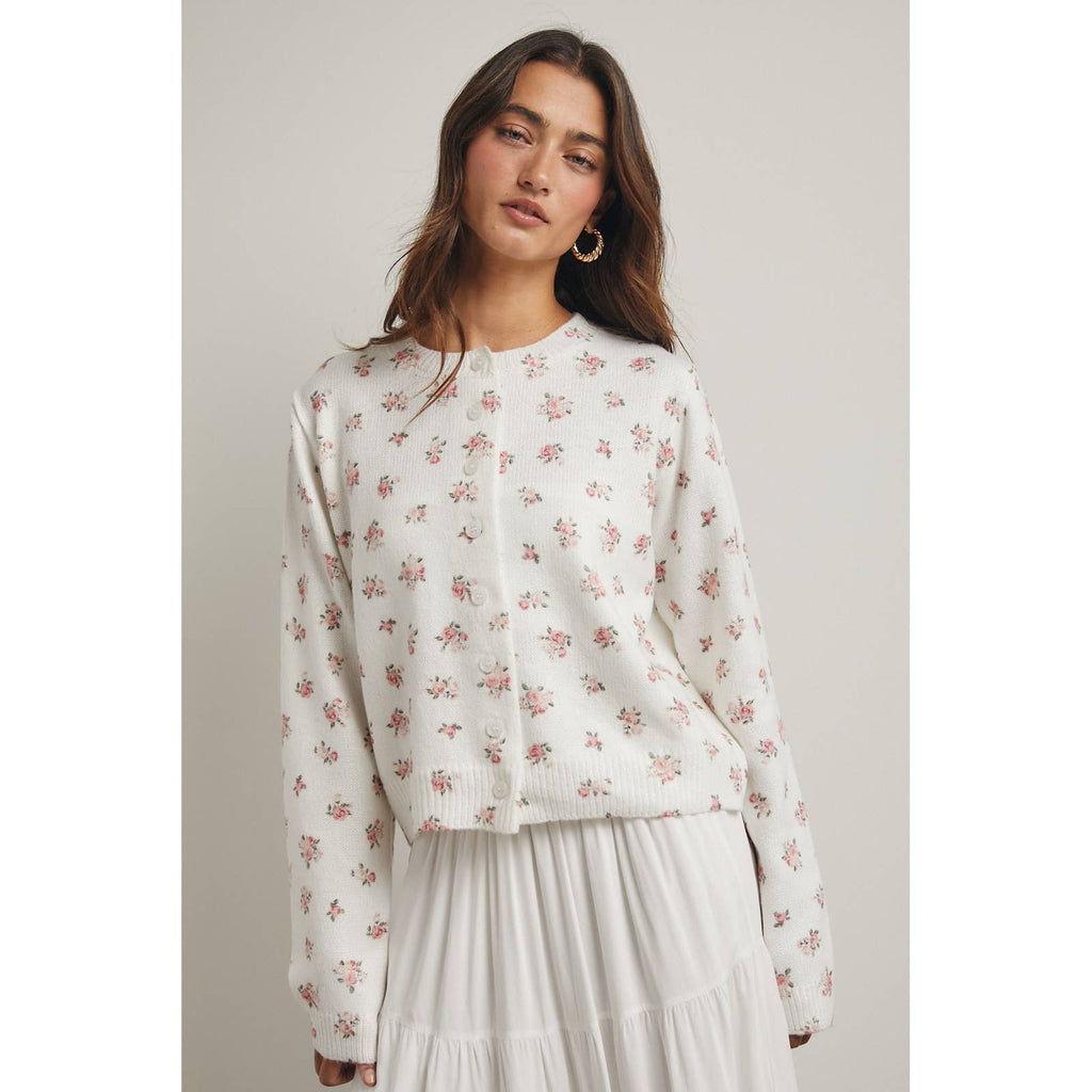 FLORAL BUTTON-UP SWEATER CARDIGAN | OFF WHITE & PINK
