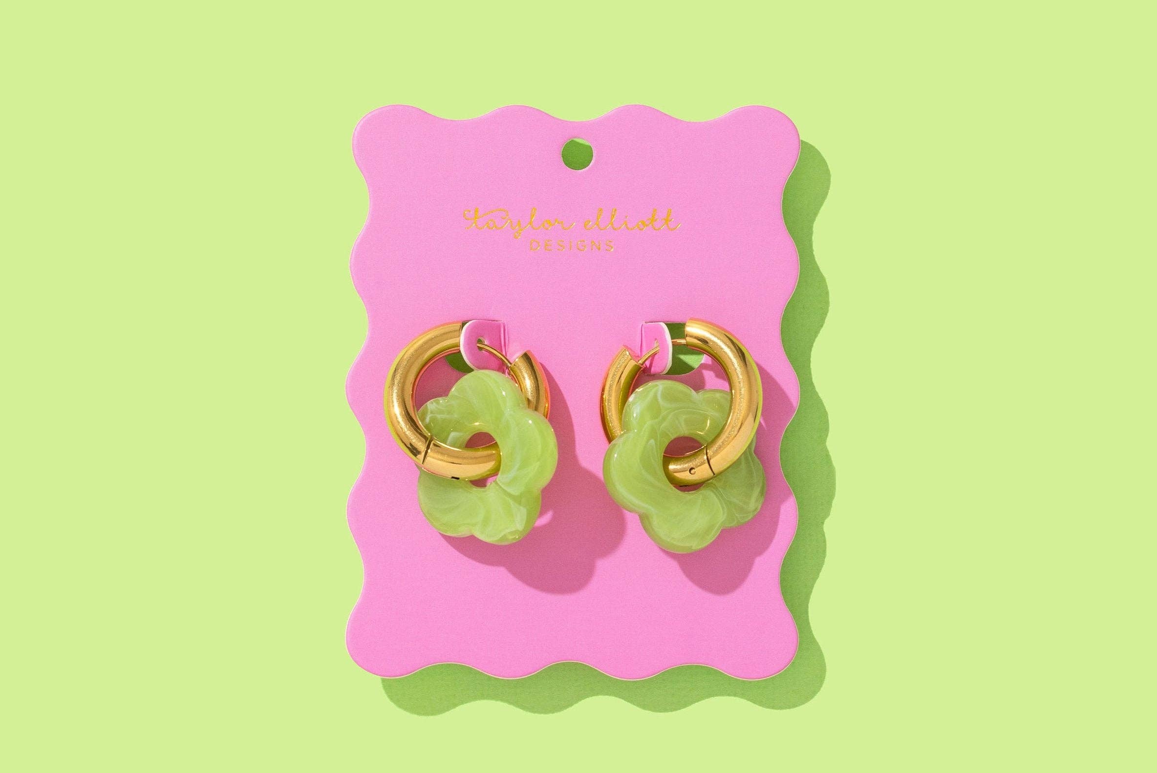 Laurel Huggie Earrings - Gold Hoops + Green Acrylic Flowers