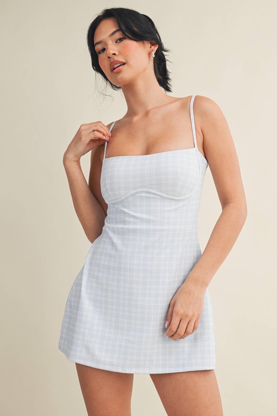 Blue Plaid Print Sweetheart Dress
