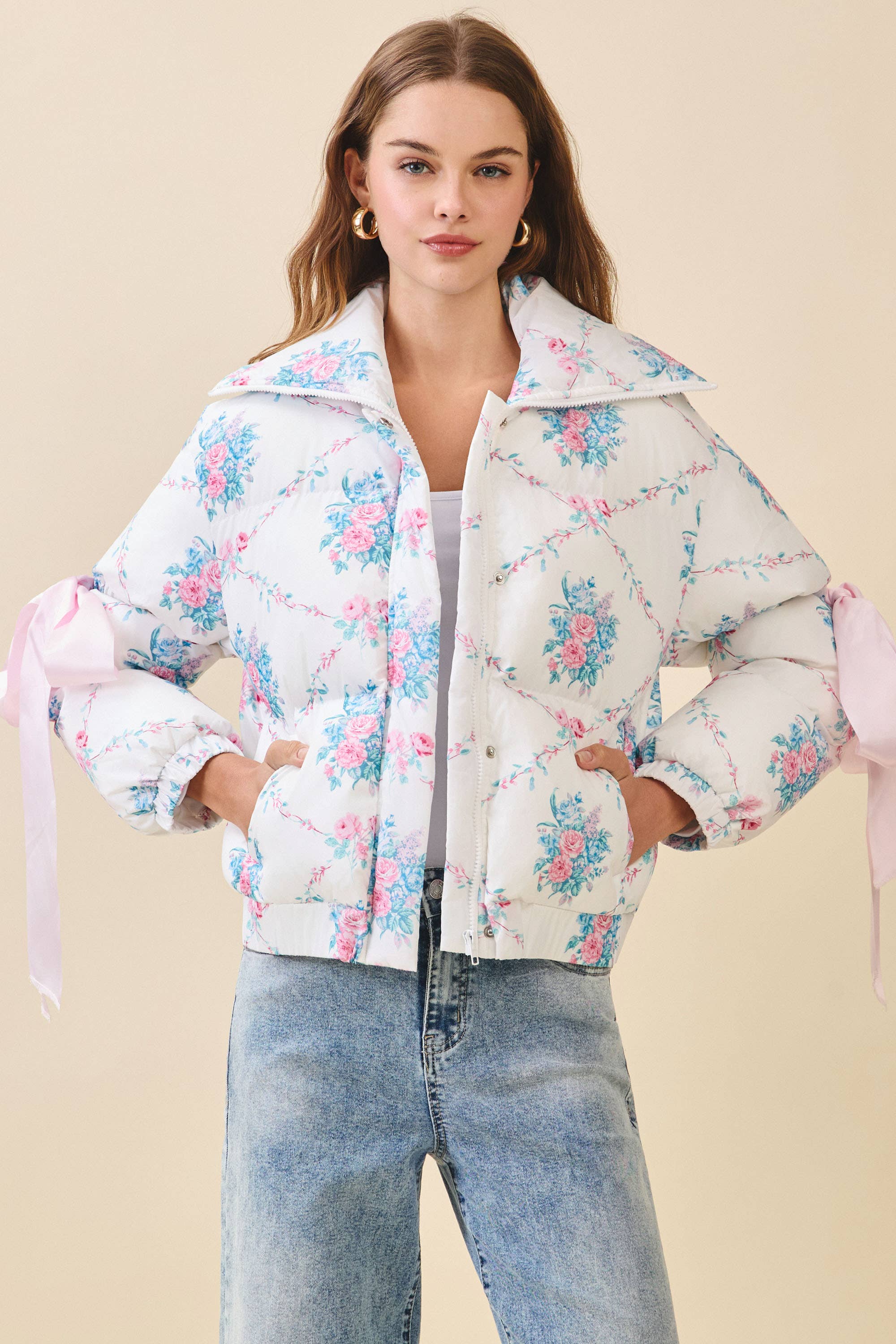 Floral Print Bow Puffer Jacket
