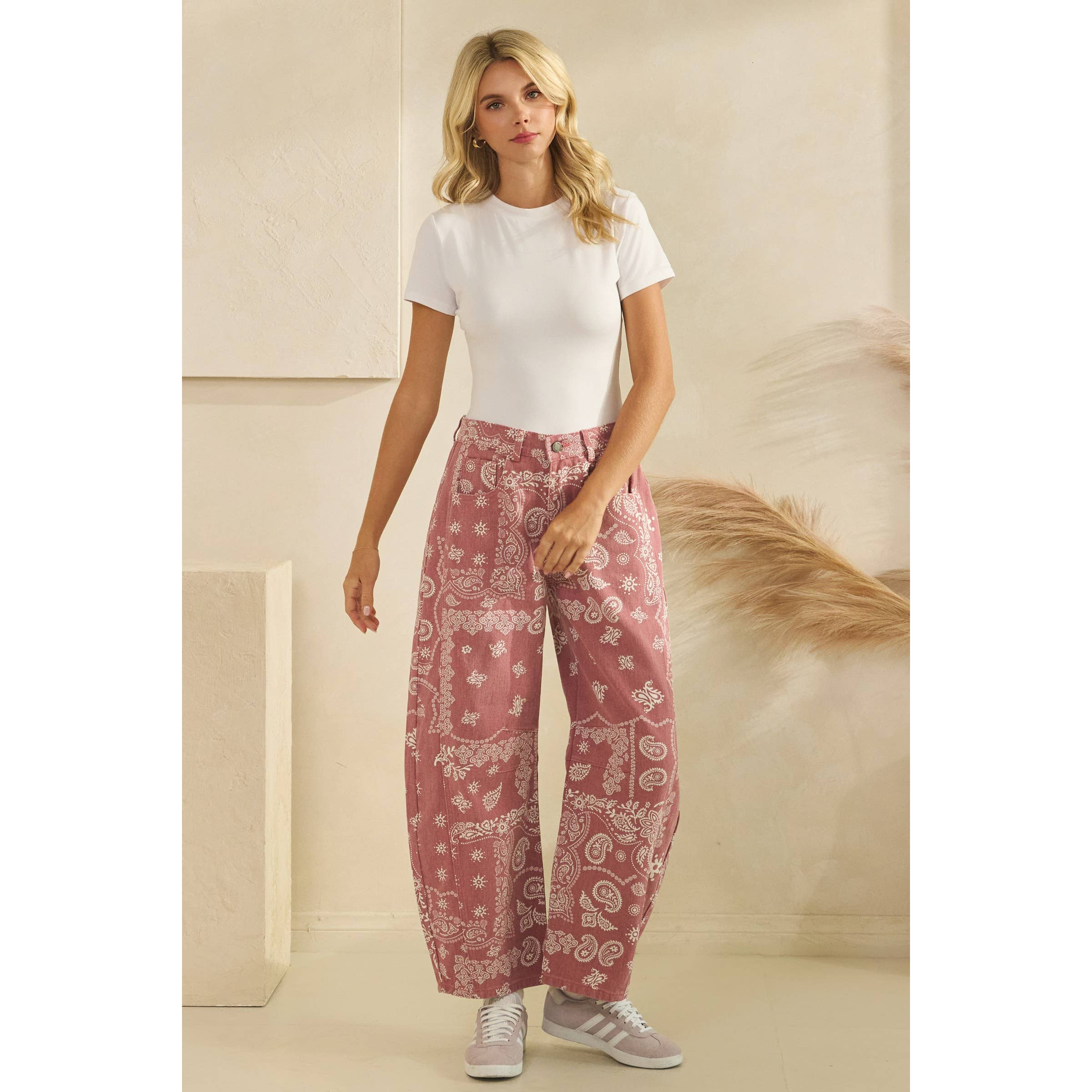 Paisley Printed Denim Pants | Red