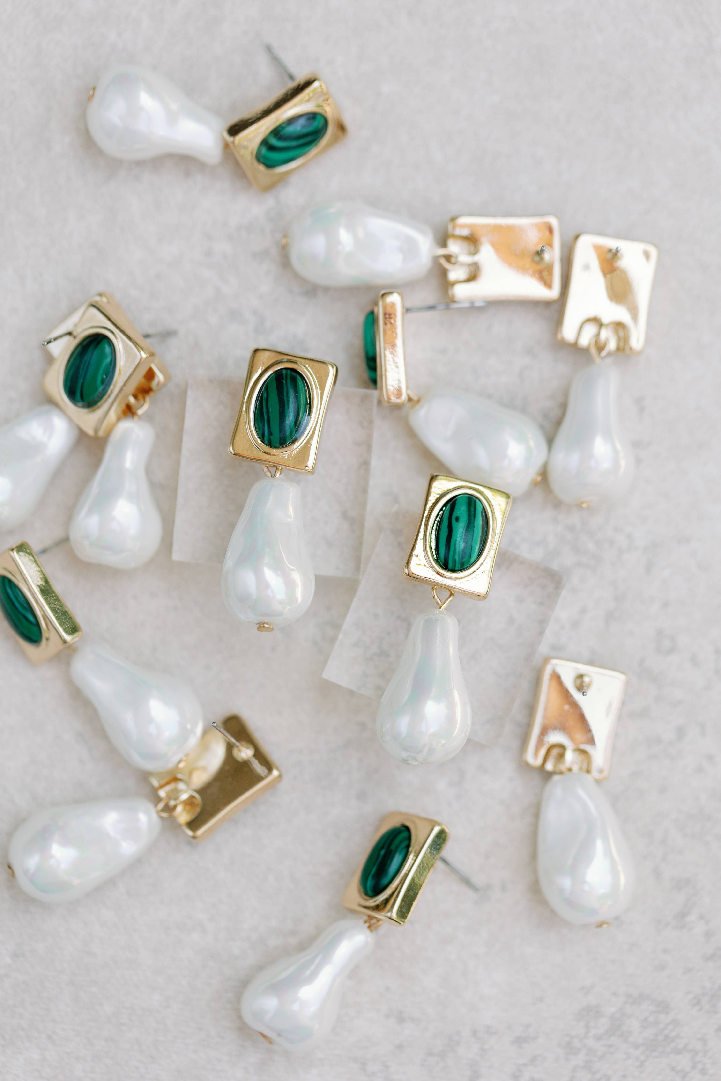 Vintage Square Malachite and Natural Pearl Drop Earrings