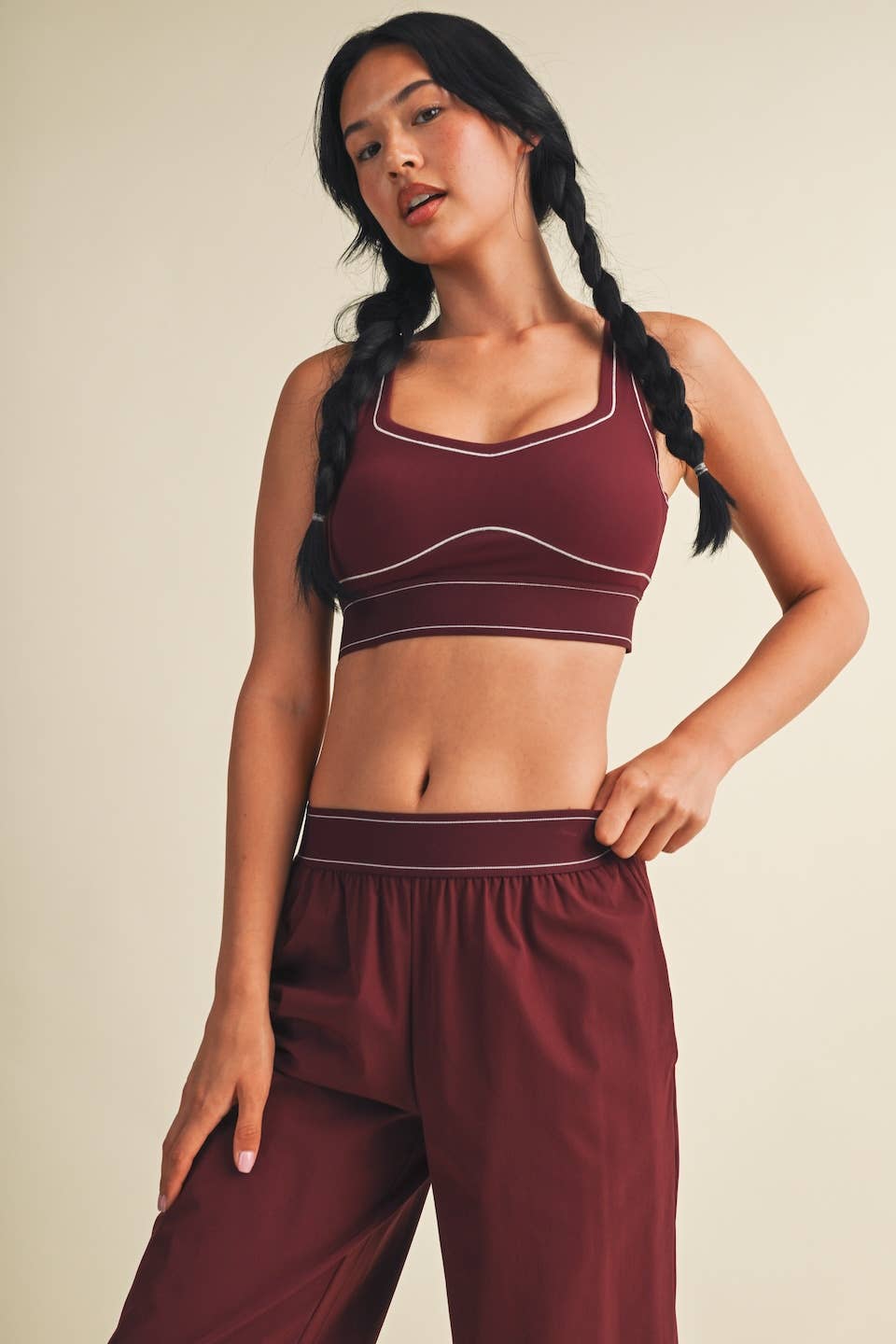 Burgundy Contrast Thread Sports Bra