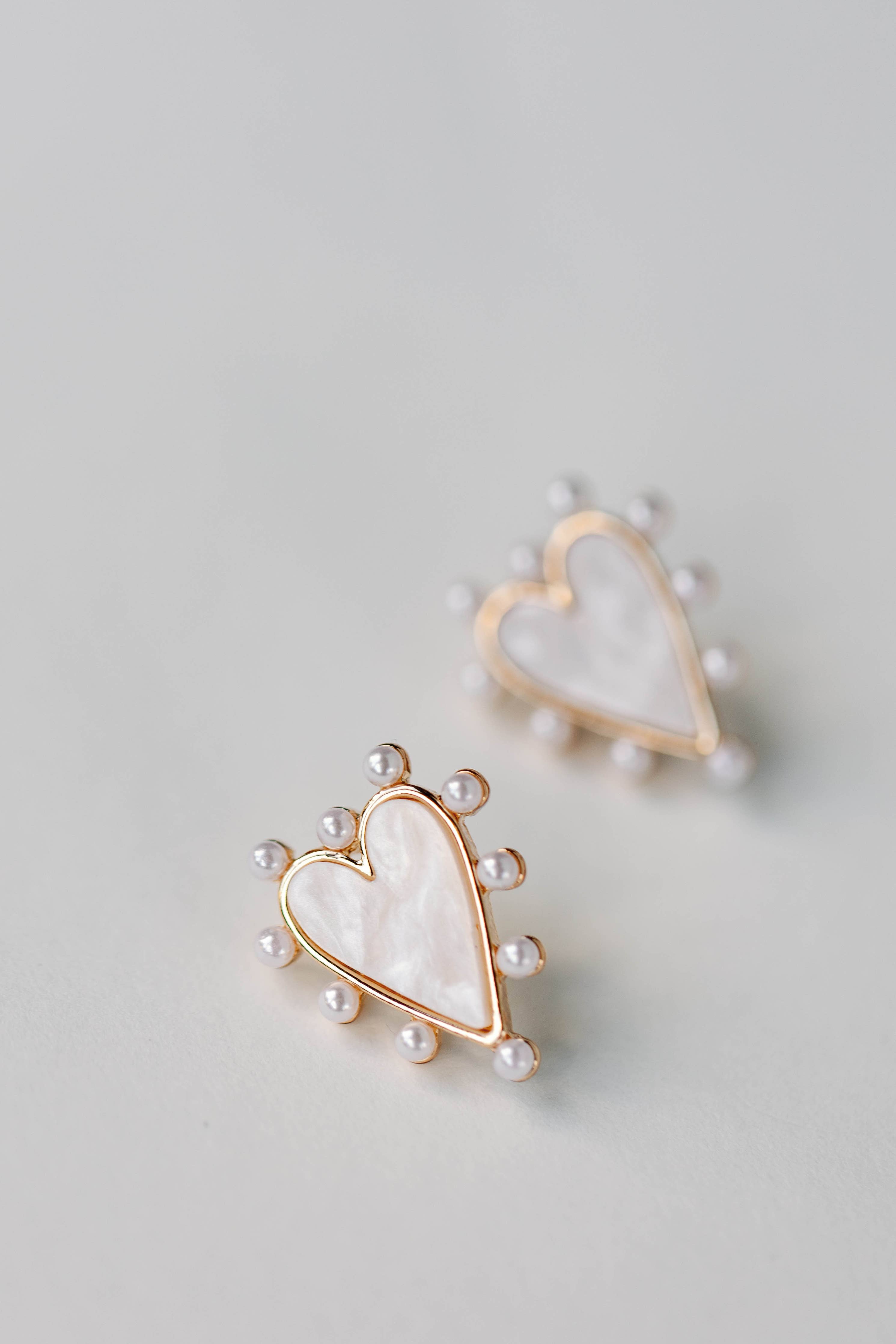 Pearl Studded Pink Tortoise Valentines Heart Earrings