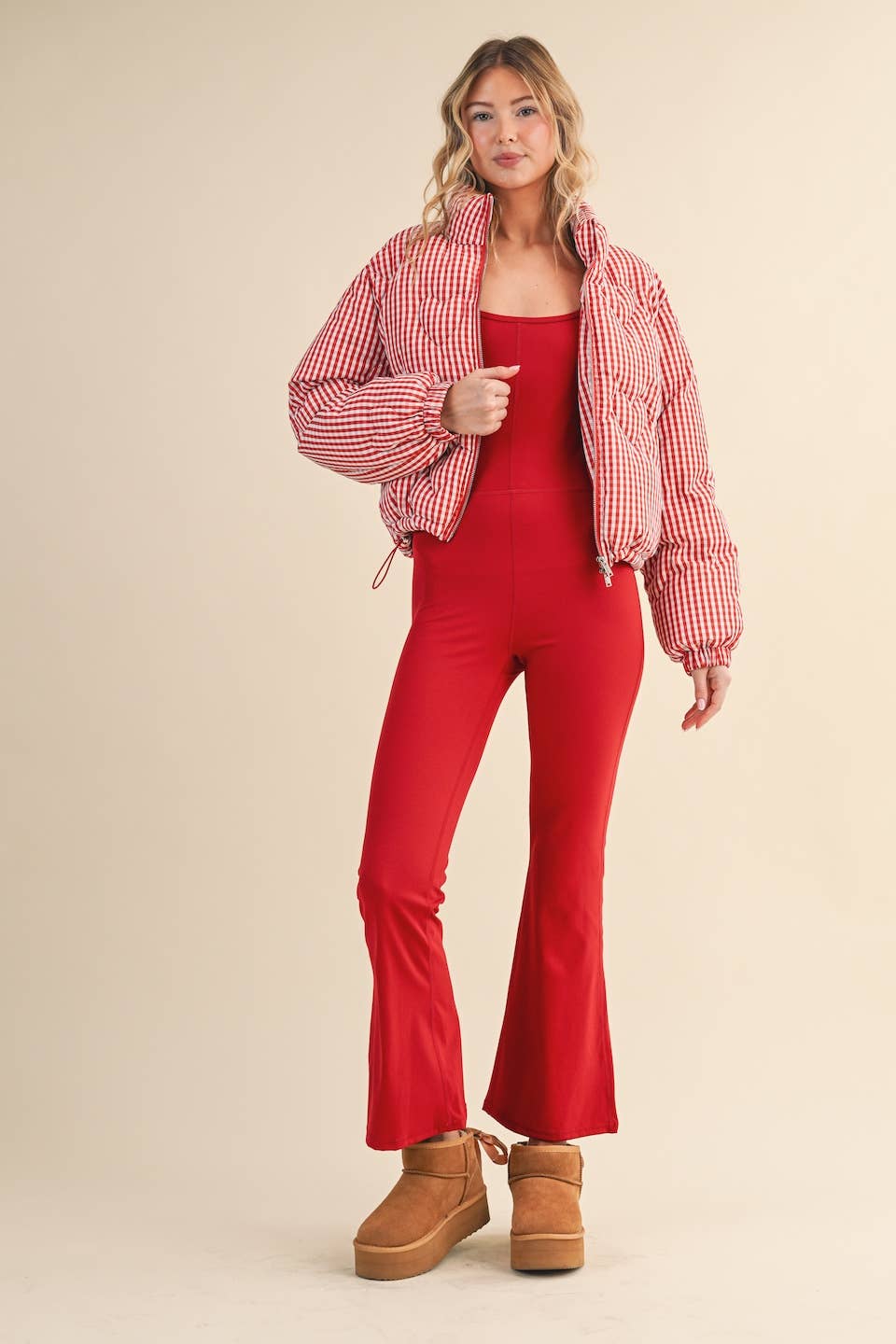 Red Gingham Print Puffer Jacket with Heart Shaped Quilting