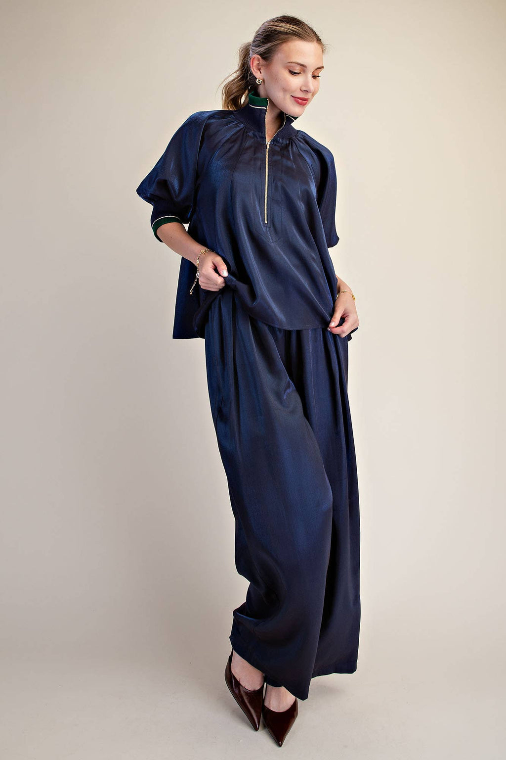 Navy Mock Neck Band Puff Sleeve Blouse