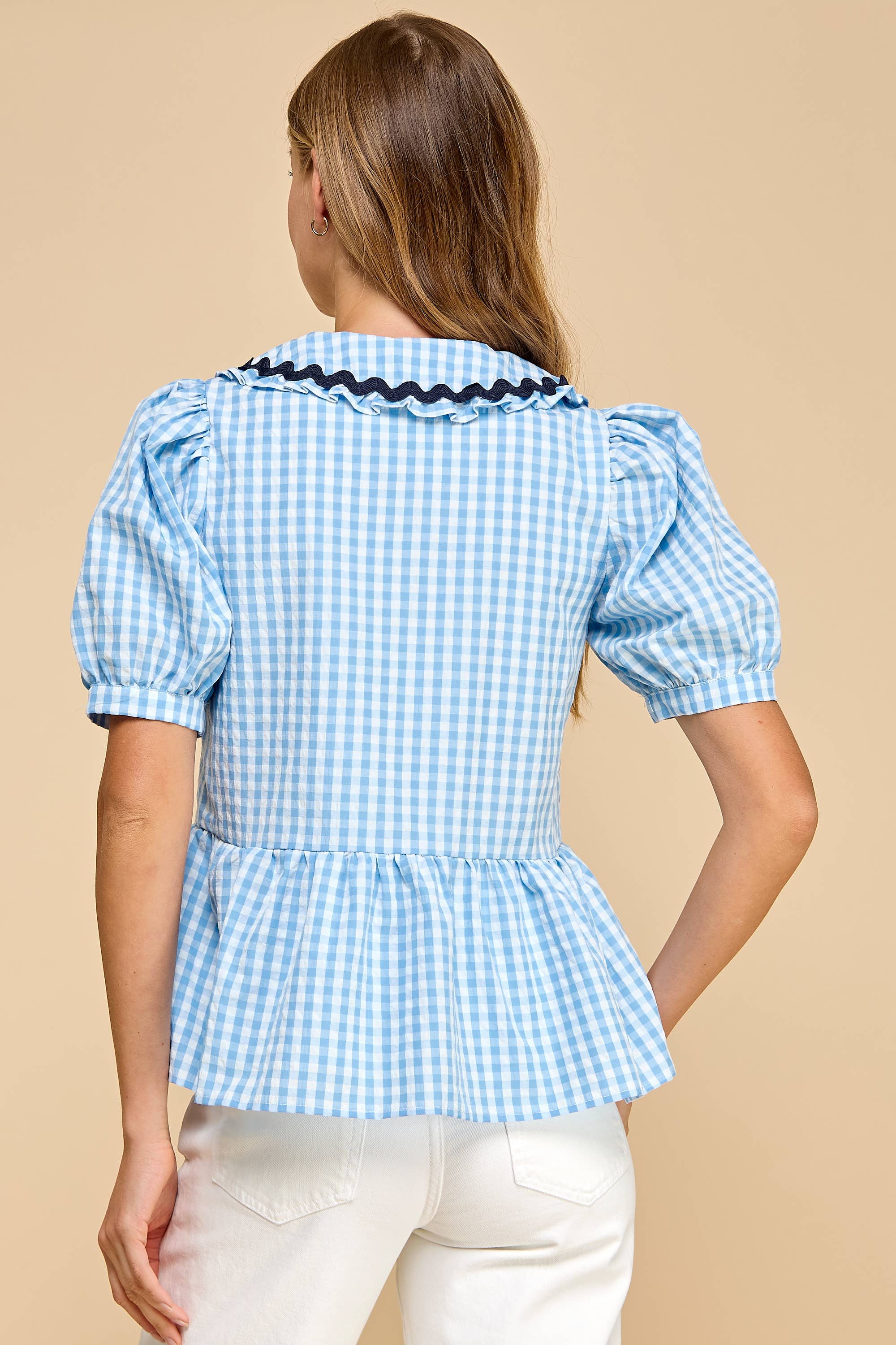 Gingham Peplum Top With Peter Pan Collar: Blue