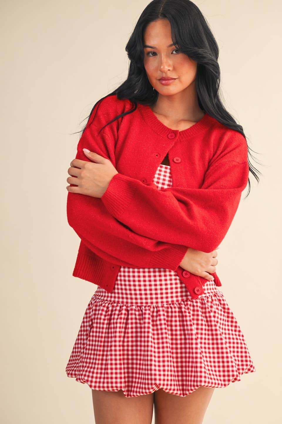 Knit Button Up Cardigan Sweater: Red
