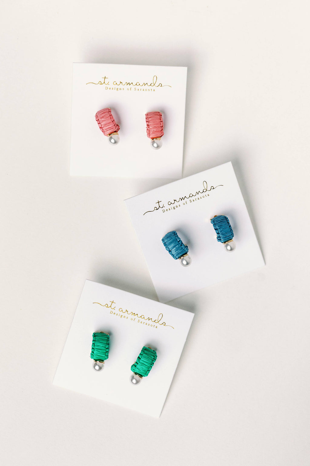 Mini Green Raffia and Pearl Huggie Hoop Earrings