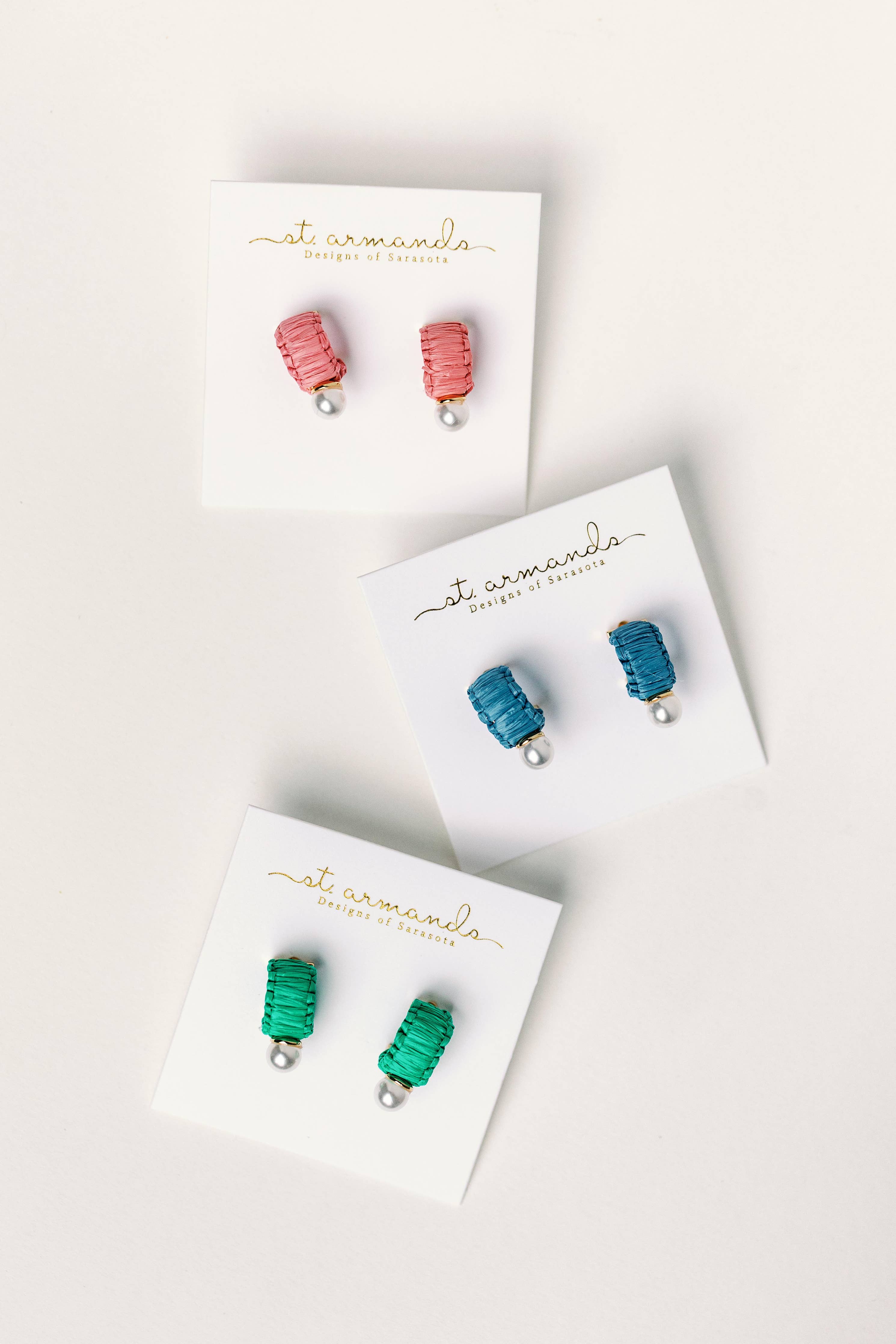 Mini Green Raffia and Pearl Huggie Hoop Earrings