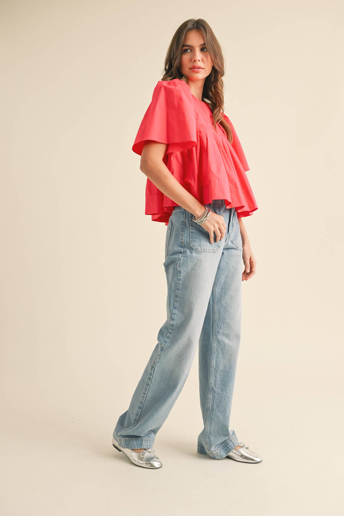 PLEATED SHORT SLEEVE TOP CERISE PINK