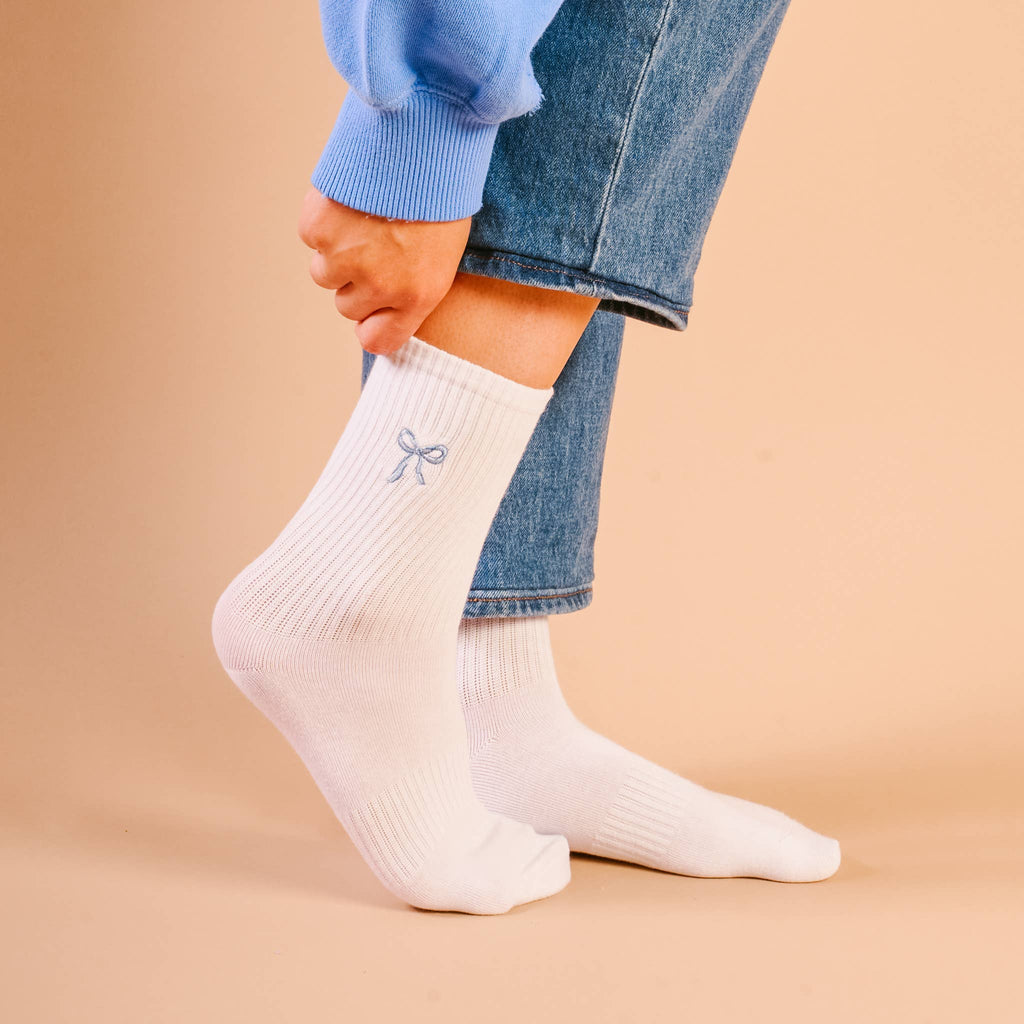 Embroidered Crew Socks-Blue Bow