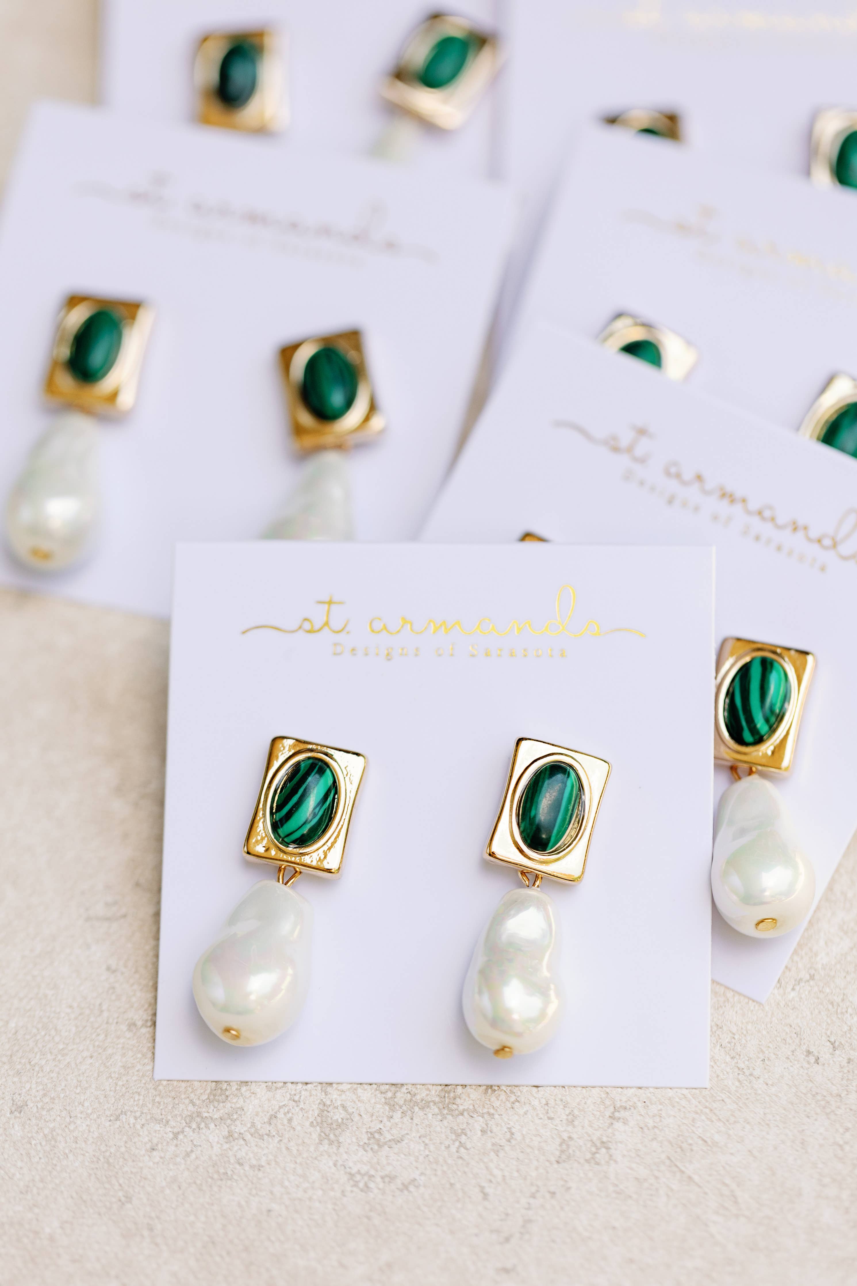 Vintage Square Malachite and Natural Pearl Drop Earrings